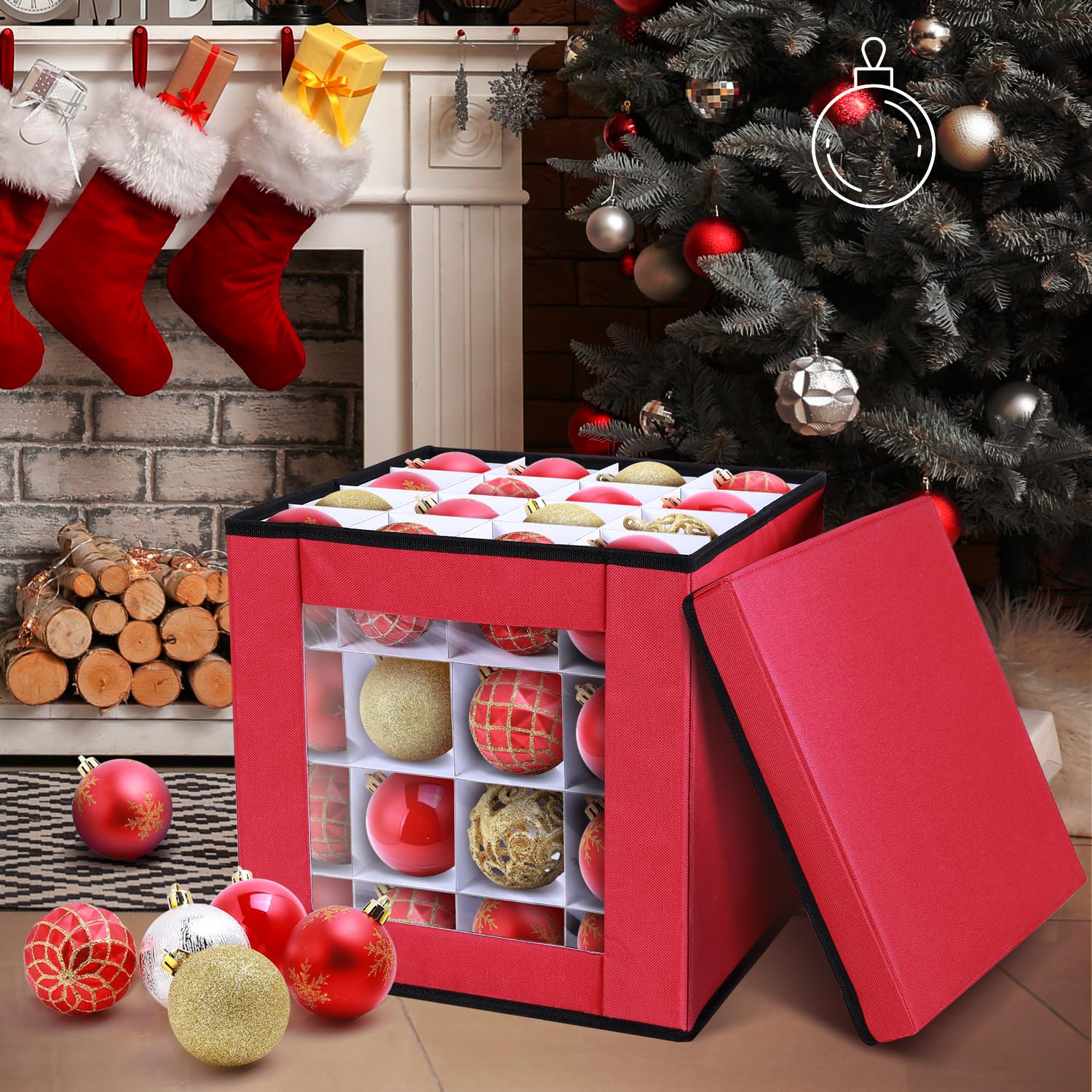 Porta Palline Natale, Ohuhu Contenitore Palline di Natale 64 Scomparti da 7,6 cm, con Tasca Posteriore E Divisori Regolabili, Tessuto Oxford 600D