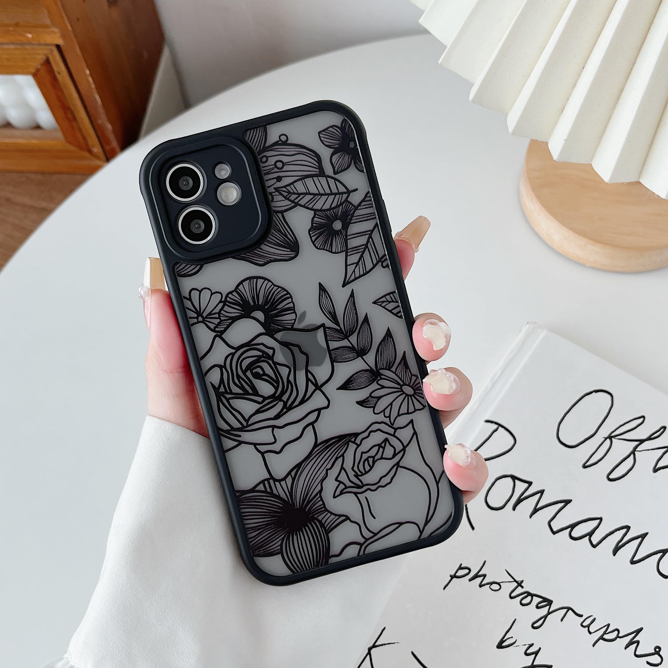 XIZYOCase for iPhone 12 6.1 Inch, Cute Frosted Translucent Rose Floral Flower Pattern Shockproof Cover, for Girls Women Luxury Soft TPU Protective Phone Case, Black