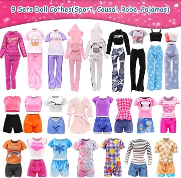 Miunana 9 Sets Doll Clothes Outfits Random Fashion Pack for 11.5 Inch Dolls | Hooded Sports Suit Casual Outfits Tops Pants Sweatshirt Bathrobe Pajamas In Random for 30cm Girl Dolls Birthday Gifts