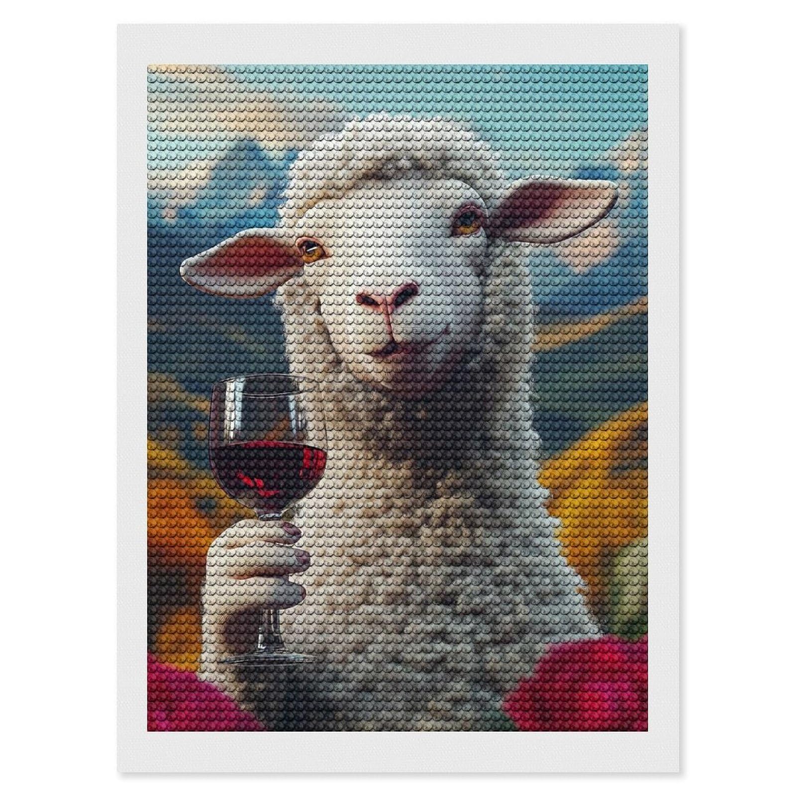 Junmoney Sheep with Wine Funny Meme Diamond Painting Canvas Set 12"x16", Full Kit Included, Calming Craft to Unwind, Farmhouse Decor, Christmas Gift