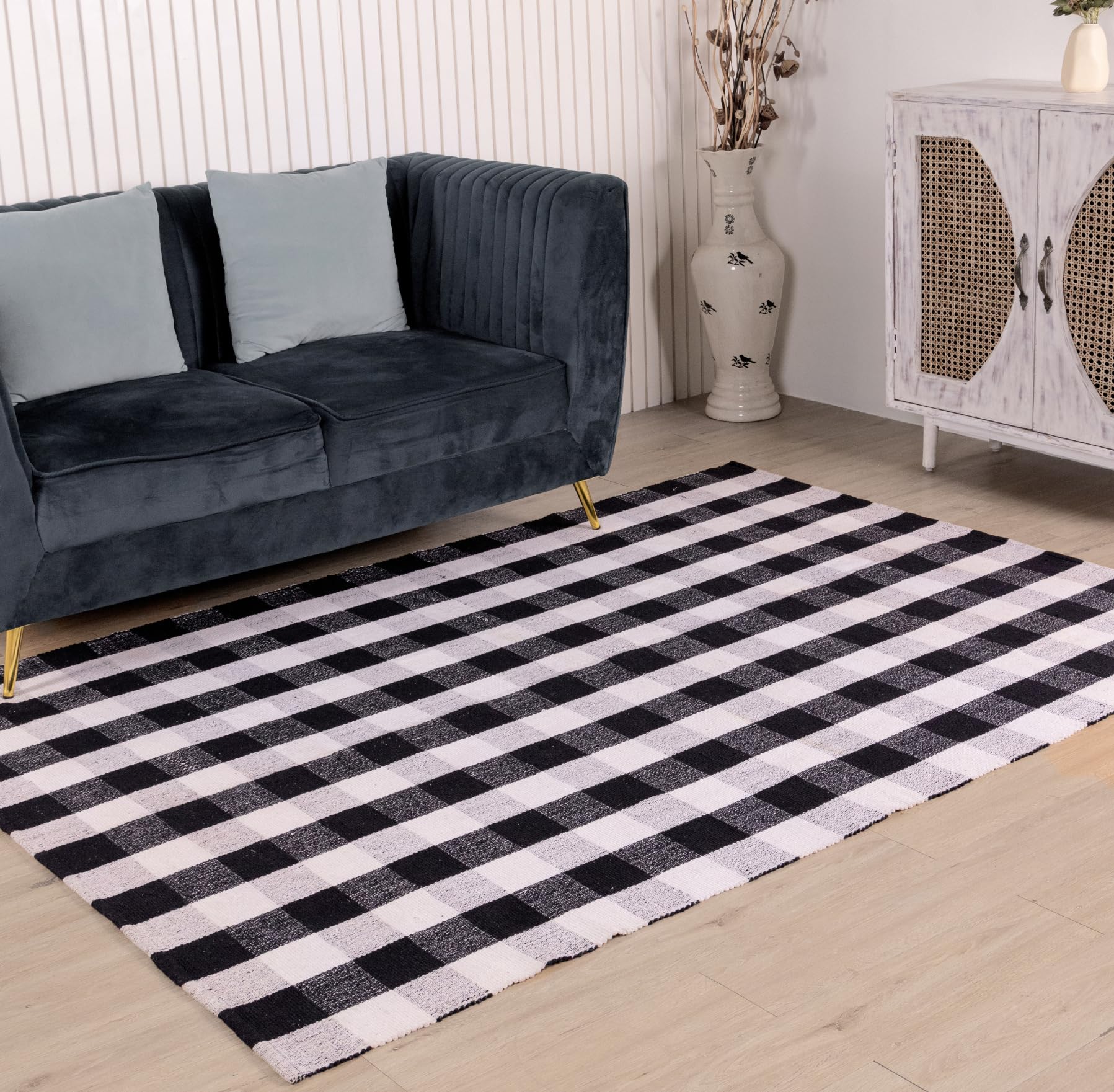 RAJRANG Black and White Plaid Cotton Area Rug 90 x 152 cm Hand Woven Washable Floor Mat for Entryway Kitchen Bathroom โ image 1