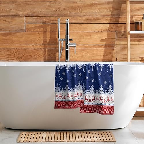 Miniatura 7 de Giwawa Toalla de mano con árbol de Navidad y ciervo, juego de 2 toallas de baño de alce de invierno, color rojo y azul, decoración de toalla de