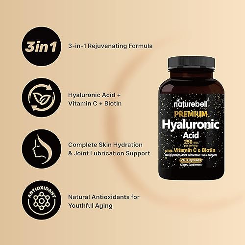 Miniatura 8 de NatureBell Suplementos de ácido hialurónico 250mg de ácido hialurónico con 25mg de vitamina C por porción 200 cápsulas apoya la hidratación de la