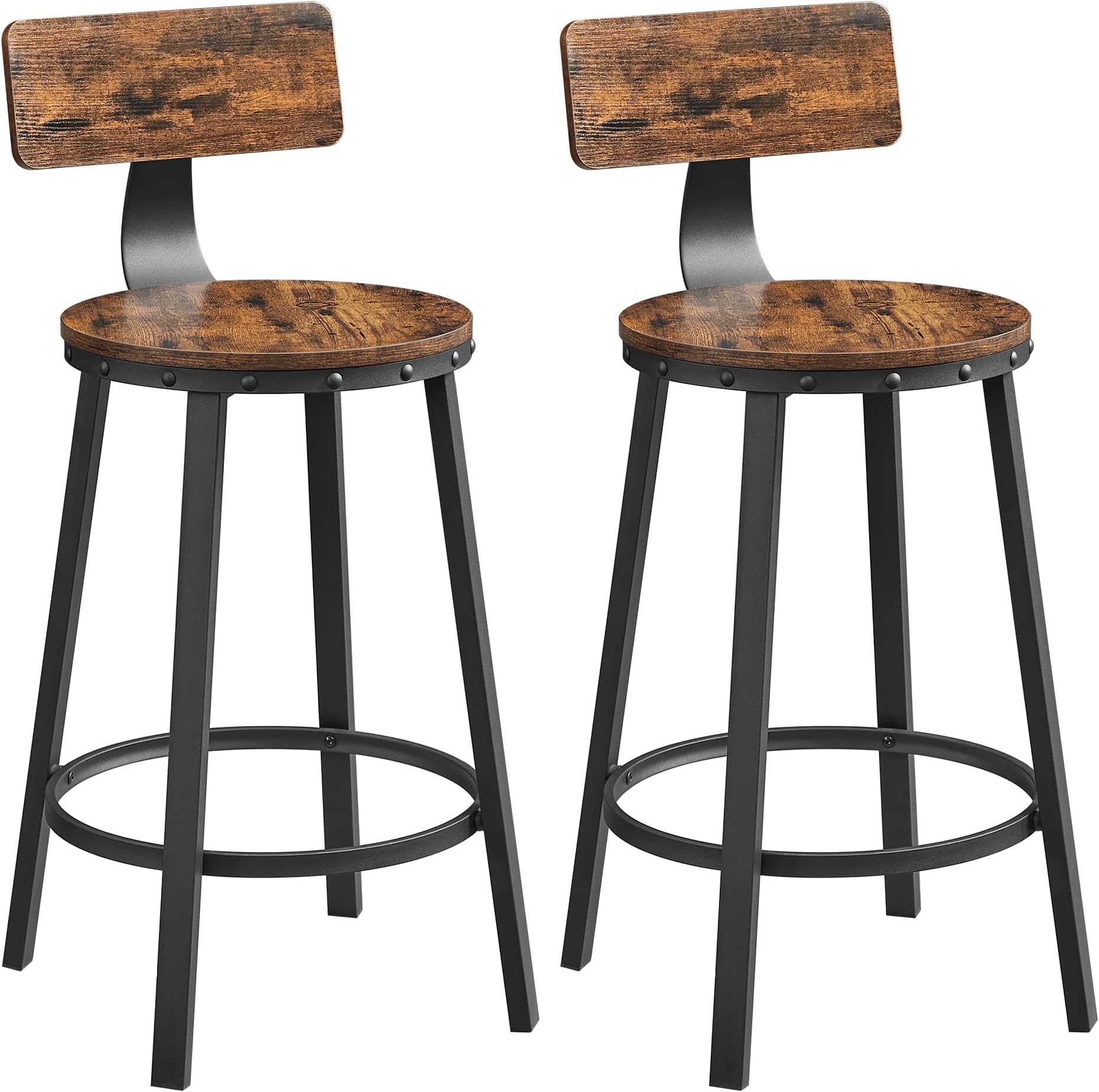 Bar Stools, Kitchen Stools, Set of 2 High Bar Stools with Backrest, Steel Frame, 62.5 cm High Seat, Easy Assembly, Industrial, Rustic Brown and Black LBC076B01