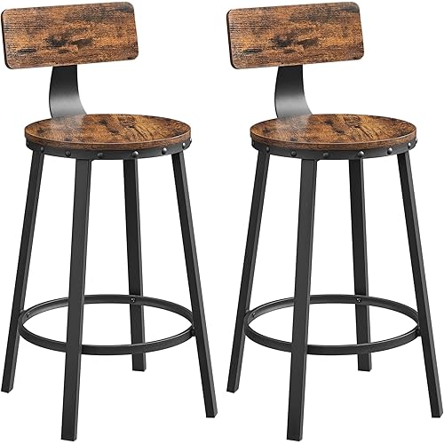 VASAGLE Tall Bar Stools, Set of 2 Bar Chairs, Kitchen Stools with Backrest, Steel Frame, 24.6-Inch High Seat, Easy Assembly, Industrial, Rustic Brown and Black ULBC076B01