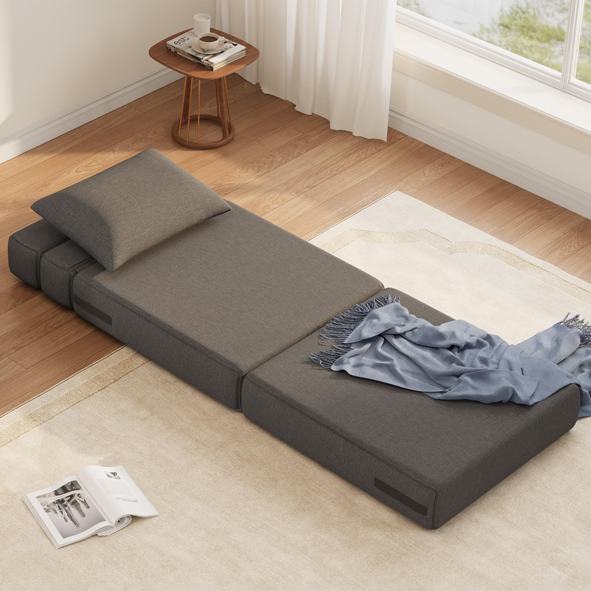 Zstar Canapé-lit Pliable Moderne – Fauteuil Convertible en Tissu Lin, Coussin Inclus, mémoire de Forme Confortable, Chaise Longue ou lit d’appoint pour Salon/Chambre – Gris foncé