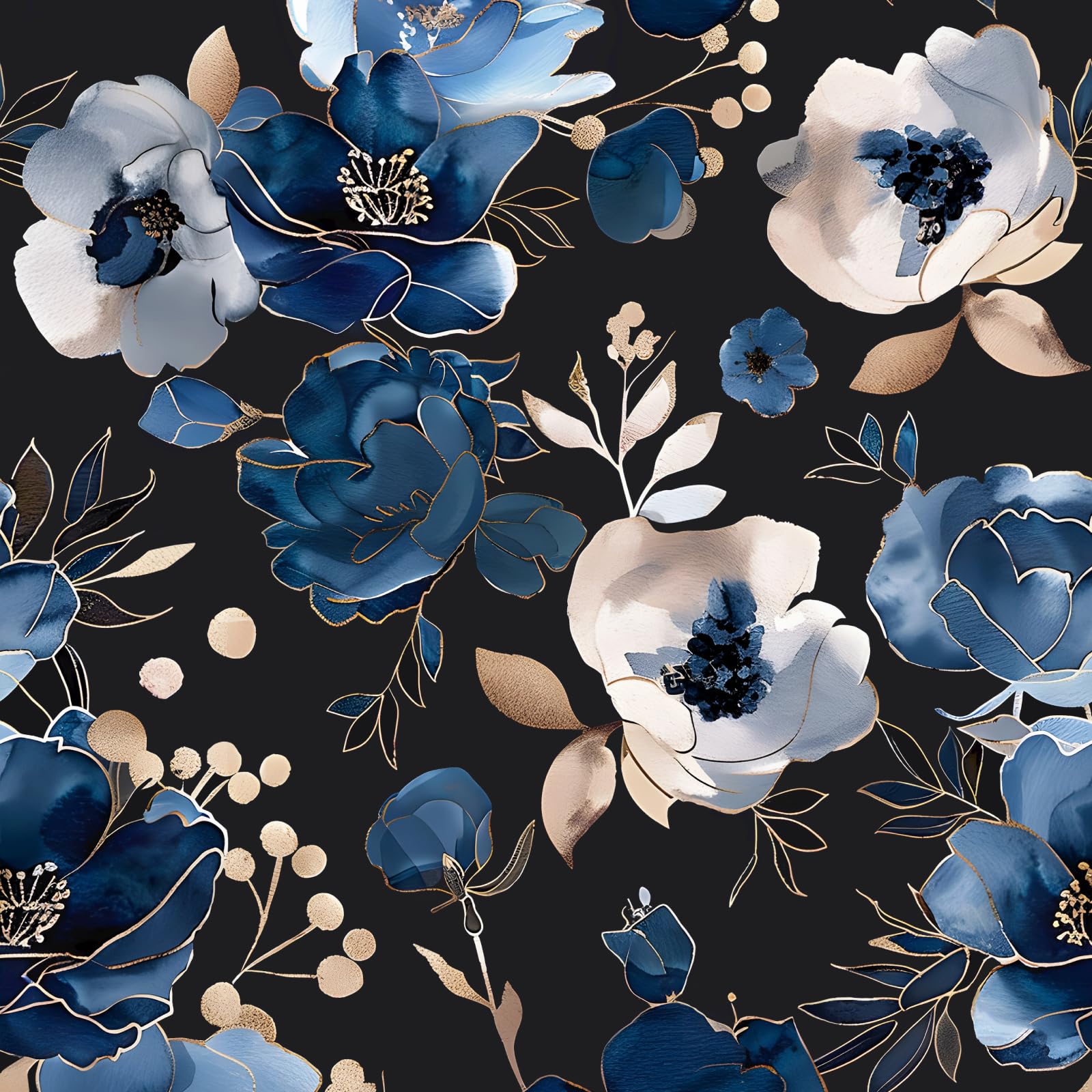 ウォールアート Tuscan/Navy 花柄 フローラル ゲルコート　Ⓣ Fvlow Black Navy Botanical Floral Peel and Stick Wallpaper 17.4