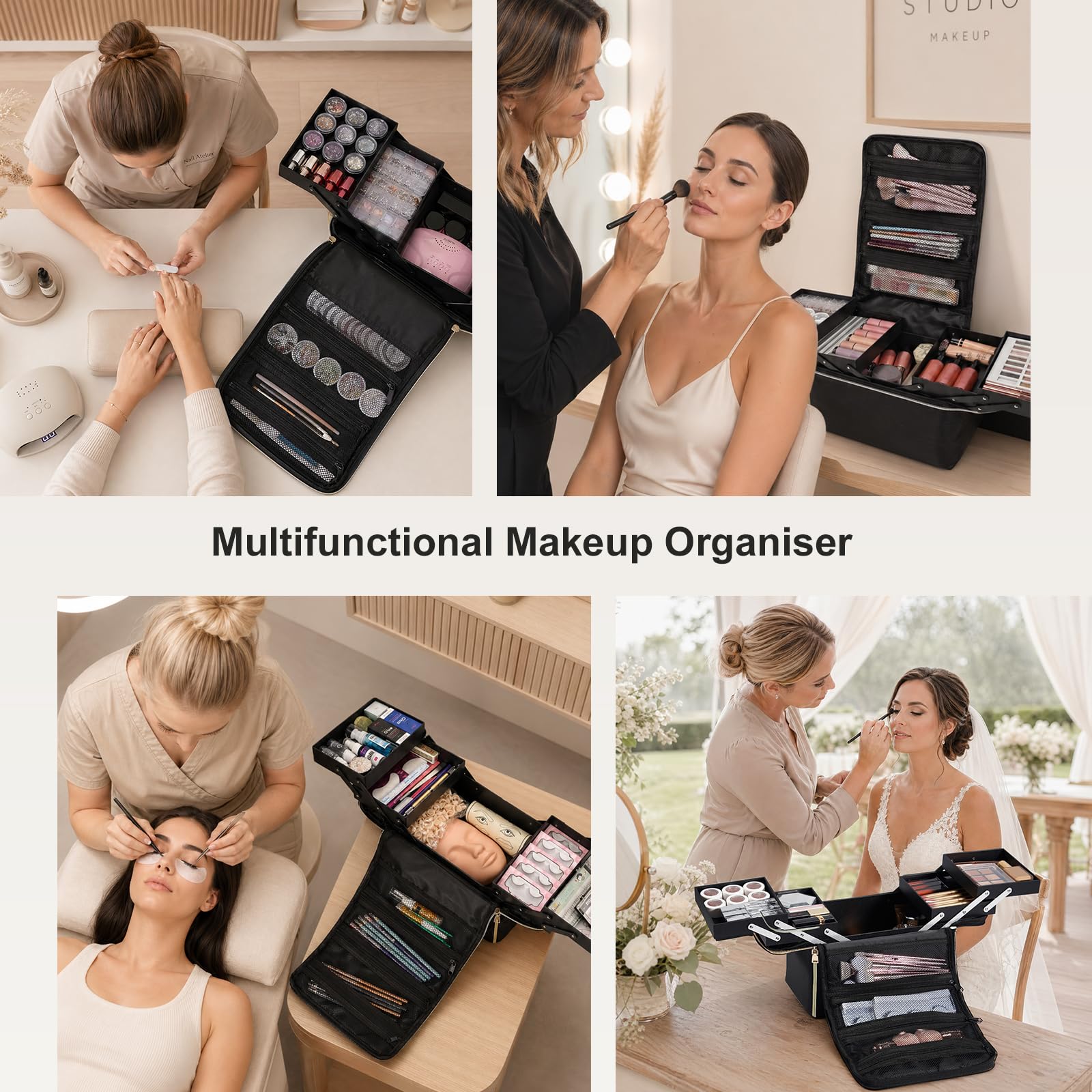 Joligrace Trousse per trucchi e cosmetici, organizer per smalti con tracolla, Oro e nero.