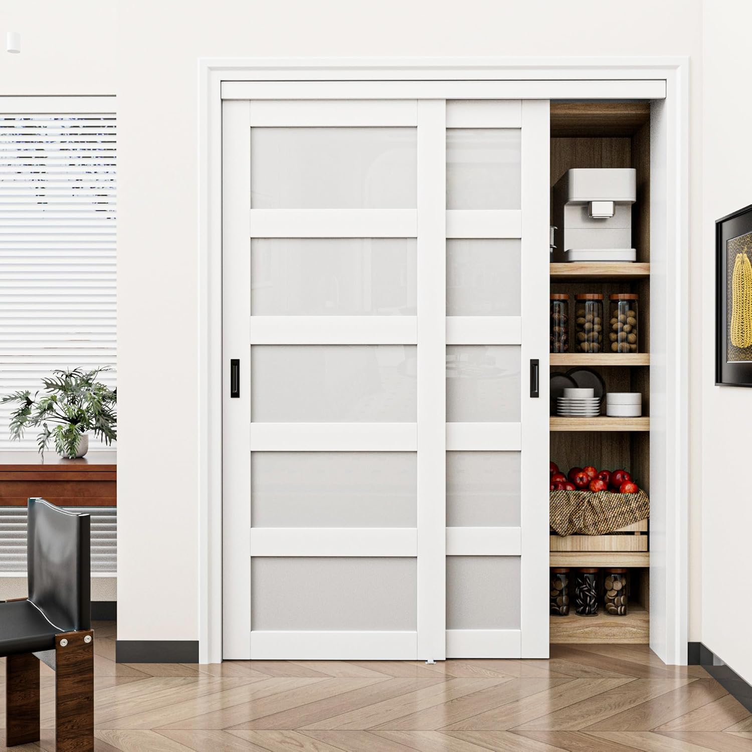 80" H 5-Lite Frosted Tempered Glass Closet Sliding Door with Hardware Kit & Handles,48"×80"