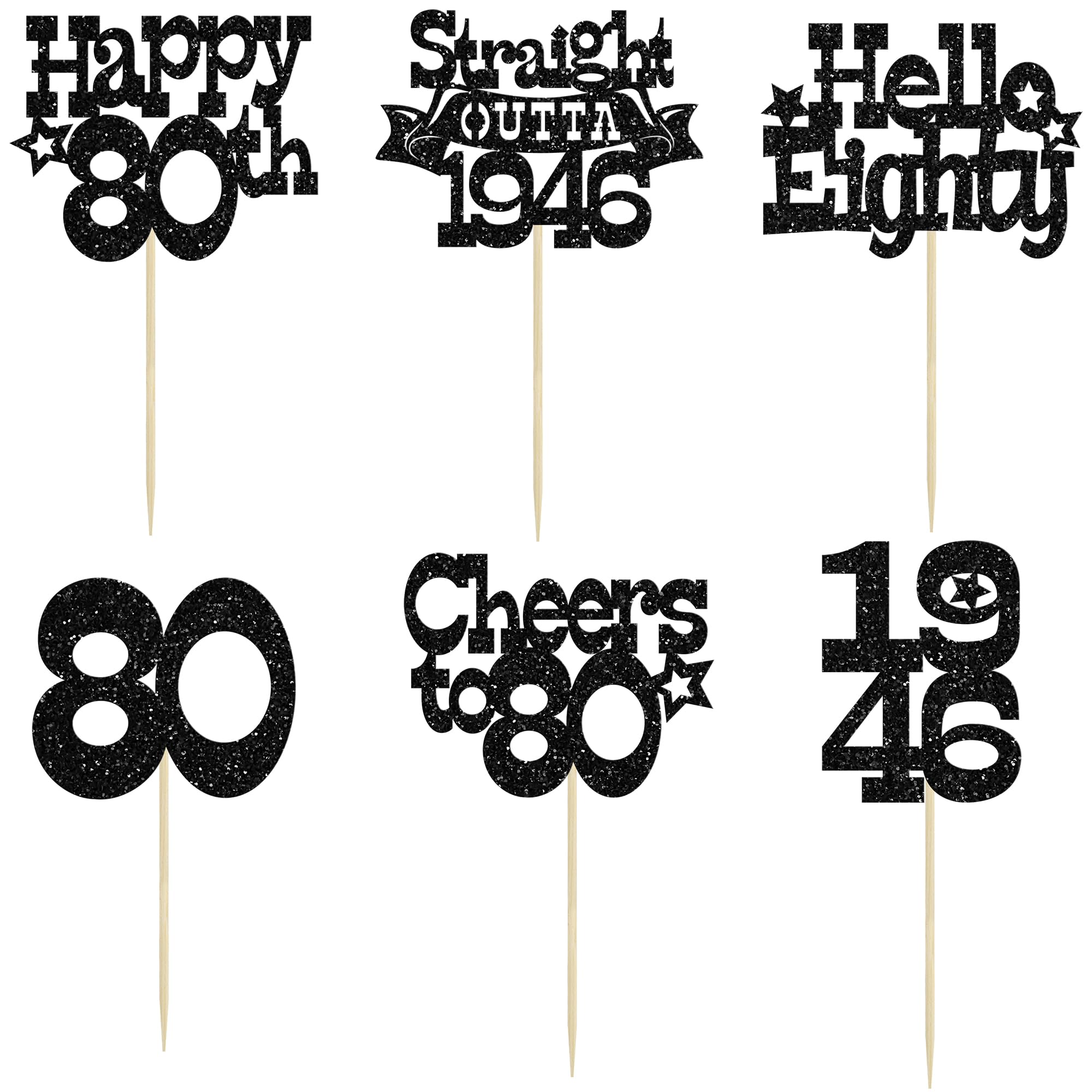 Ephlyn 30Pcs Straight Outta 1946 Cupcake Toppers Glitter Eighty Happy 80th Birthday Cupcake Picks Cheers to 80 Years Cake Decorations for Happy 80th Birthday Anniversary Party Supplies Black - Image 3