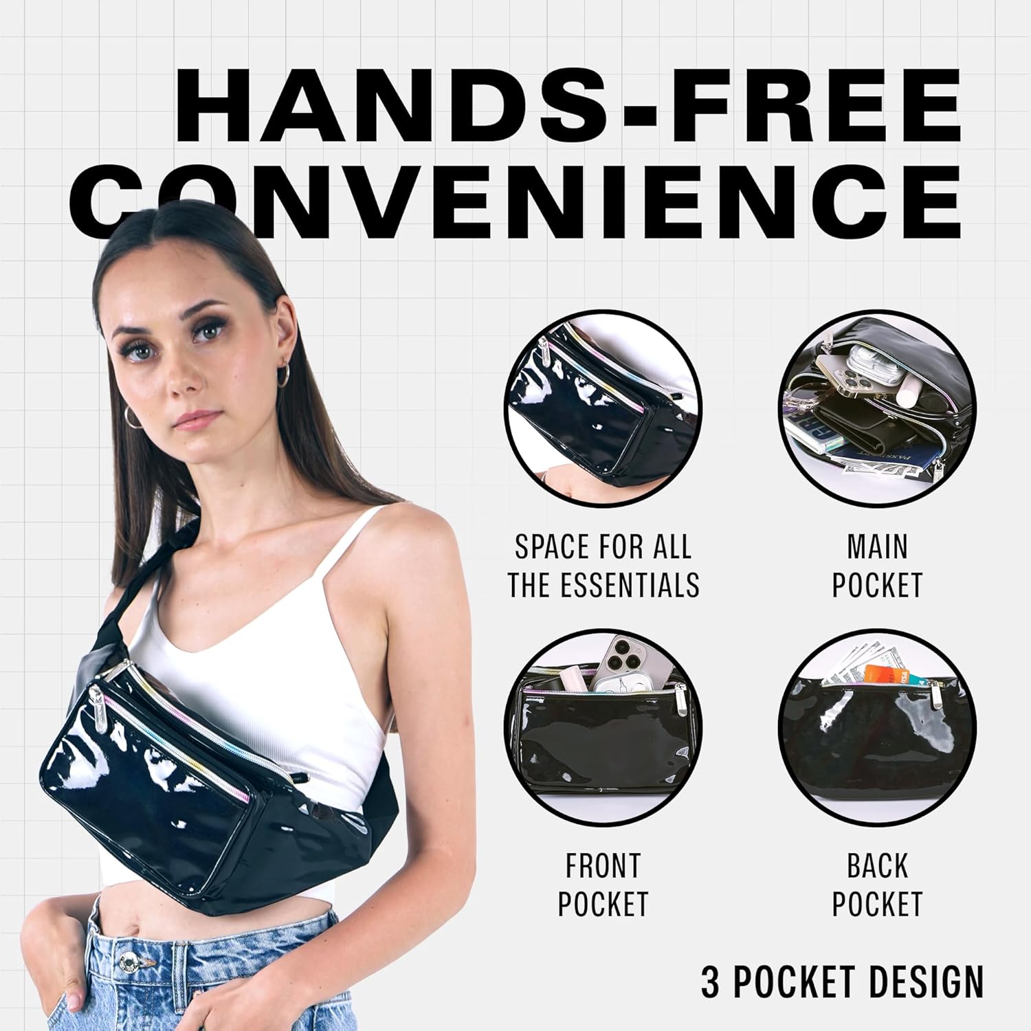 Black Holographic Fanny Pack Belt bag - Crossbody Waist Bag for Men or Women - Hands-Free, Waterproof Large Bumbag for Hiking, Running, and Travel - Image 5