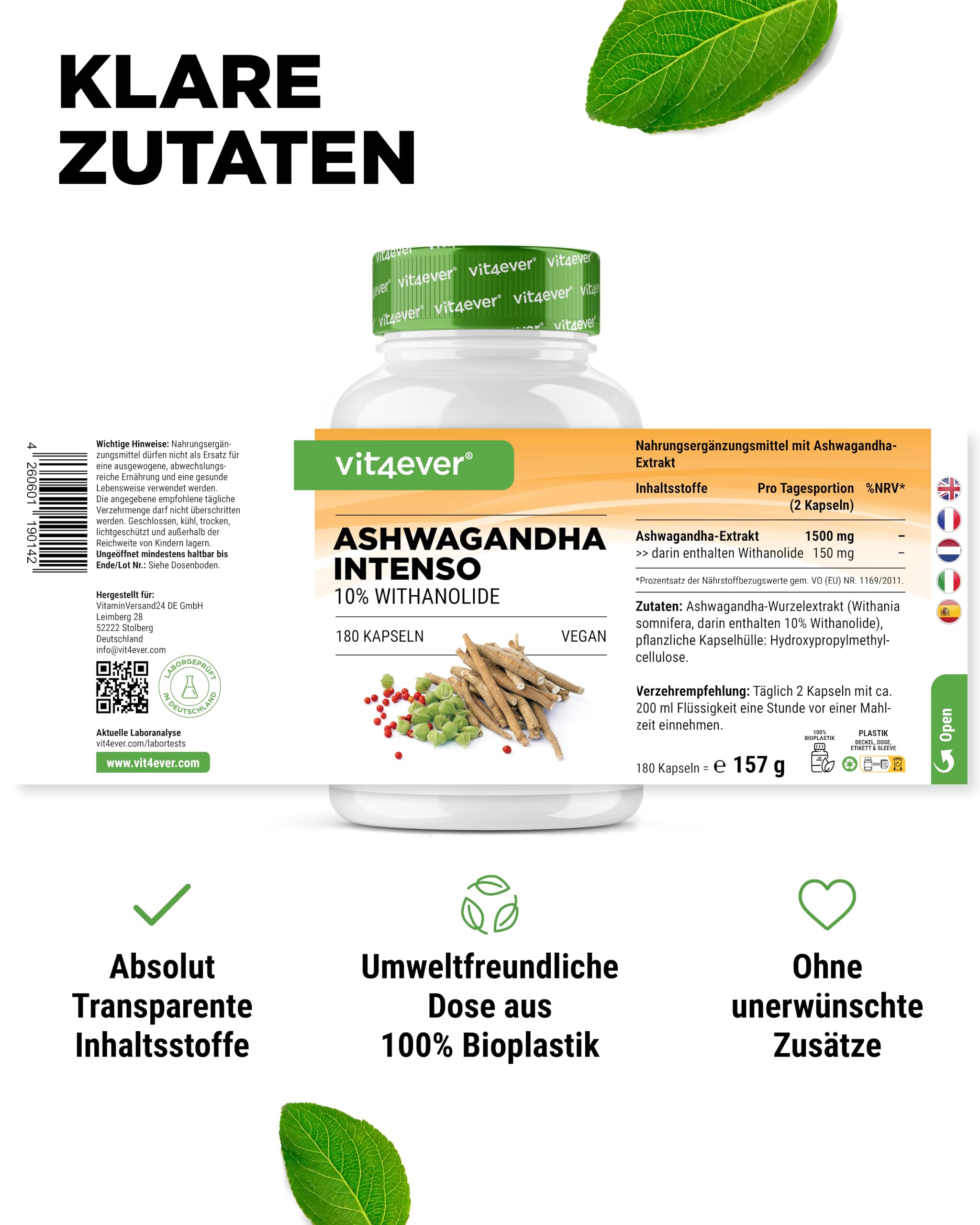 Ashwagandha Extrakt - 180 Kapseln mit 750 mg reinem Wurzelextrakt pro Kapsel & 10% Withanoliden - Hohe Reinheit - Vegan - Hochdosiert - Premium Qualität