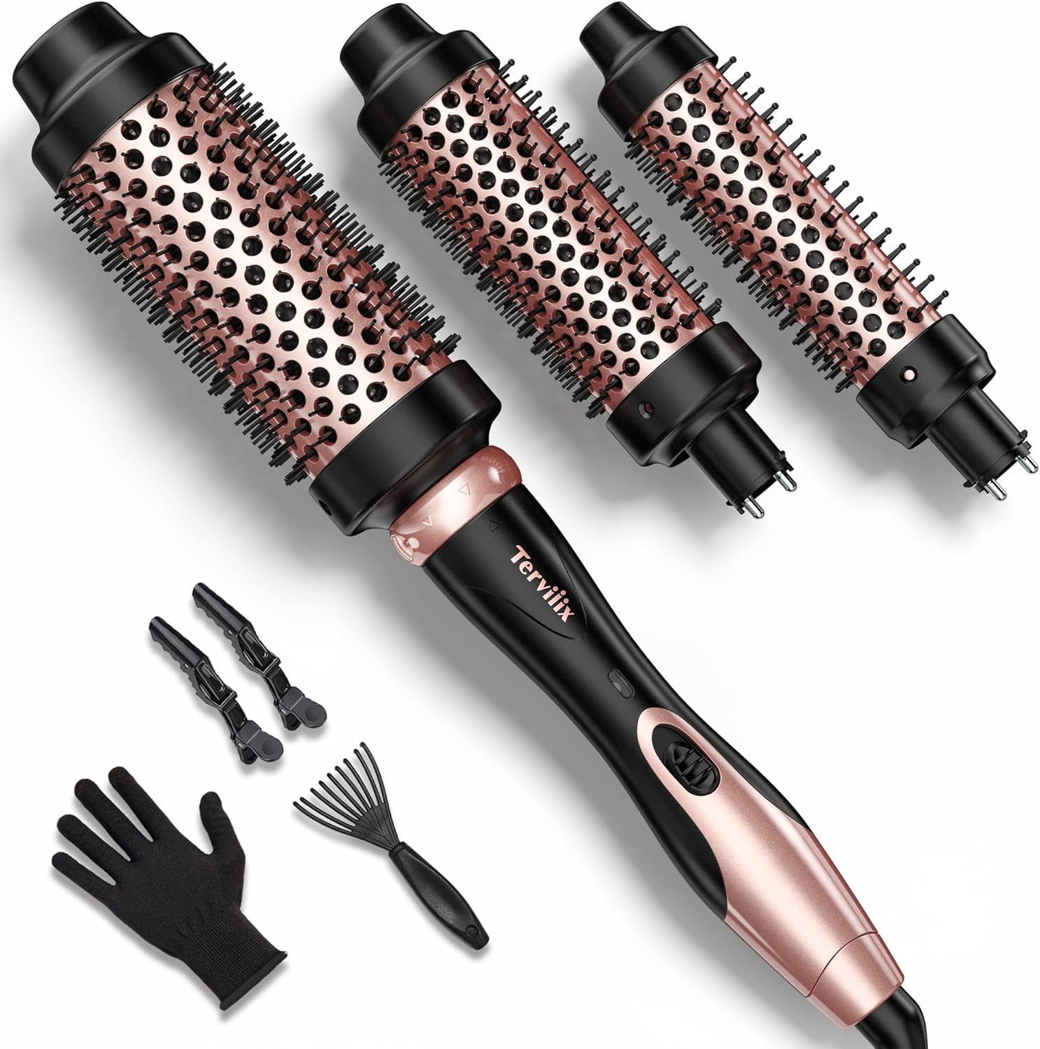 Terviiix Thermische borstelset, 3-in-1, keramische krultang, snelle verwarming hete borstel, 3 verwisselbare reiskrultangen voor kort, medium en lang haar (32 mm, 38 mm en 45 mm), dubbele spanning