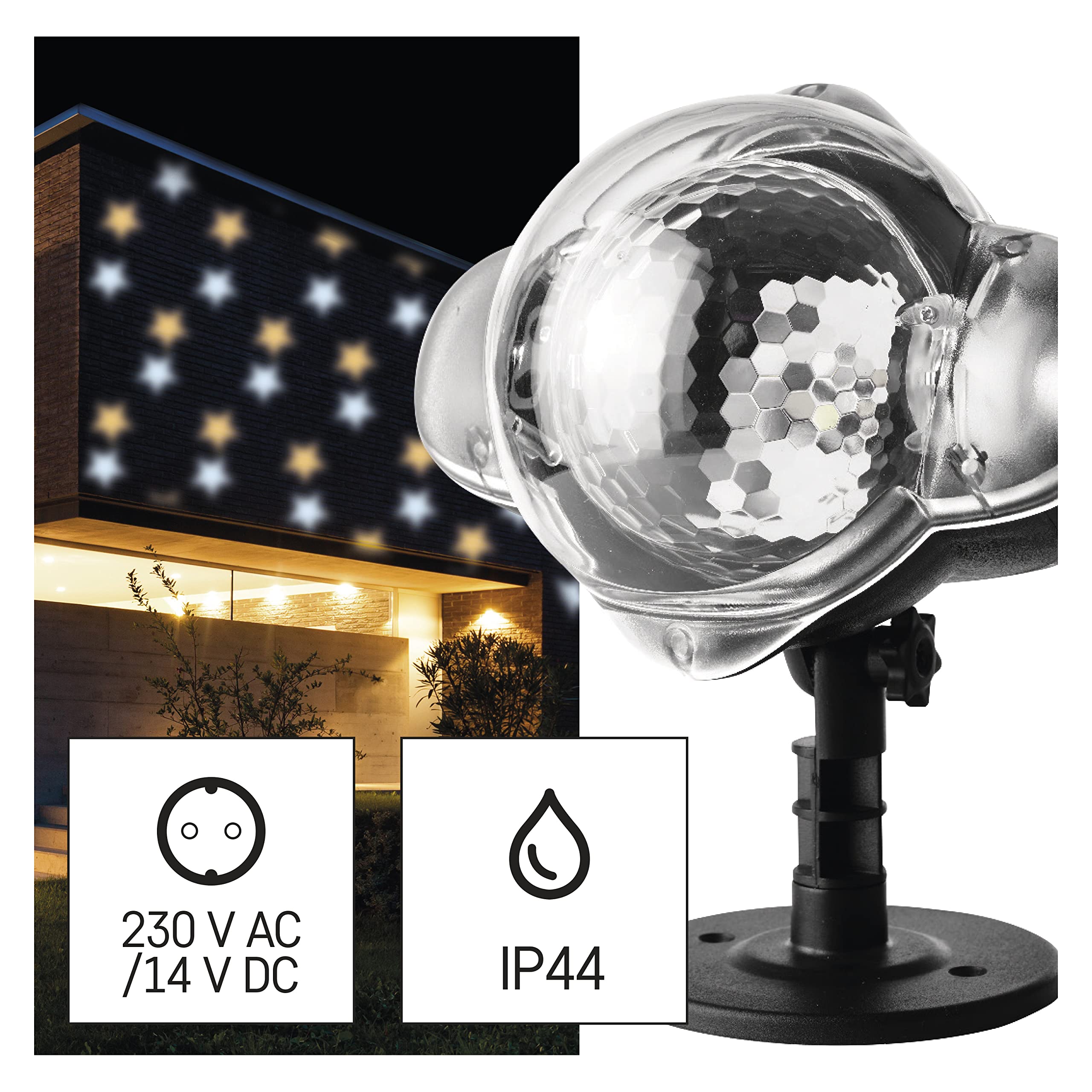 EMOS Projecteur LED étoiles, étoiles blanches et jaunes, éclairage mural efficace, projection de façade, mur et mur, IP44, éclairage de Noël pour extérieur et intérieur, câble de 3 m