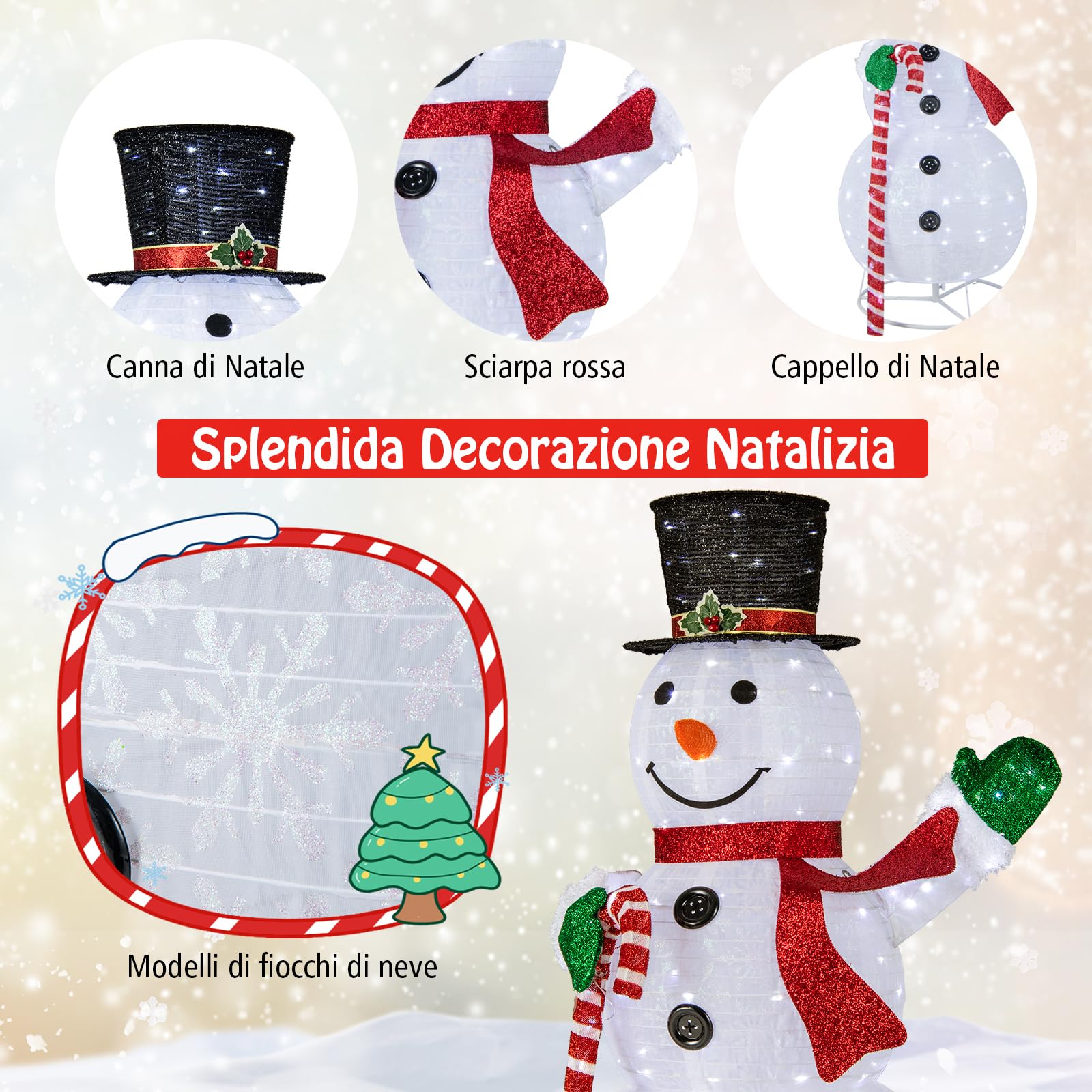 COSTWAY Pupazzo di Neve Luminoso da 150 cm, Decorazione Natalizia con 180 Luci LED, Cappello, Sciarpa, Decorazione Natalizia per Interni ed Esterni per Feste, Balcone, Giardino