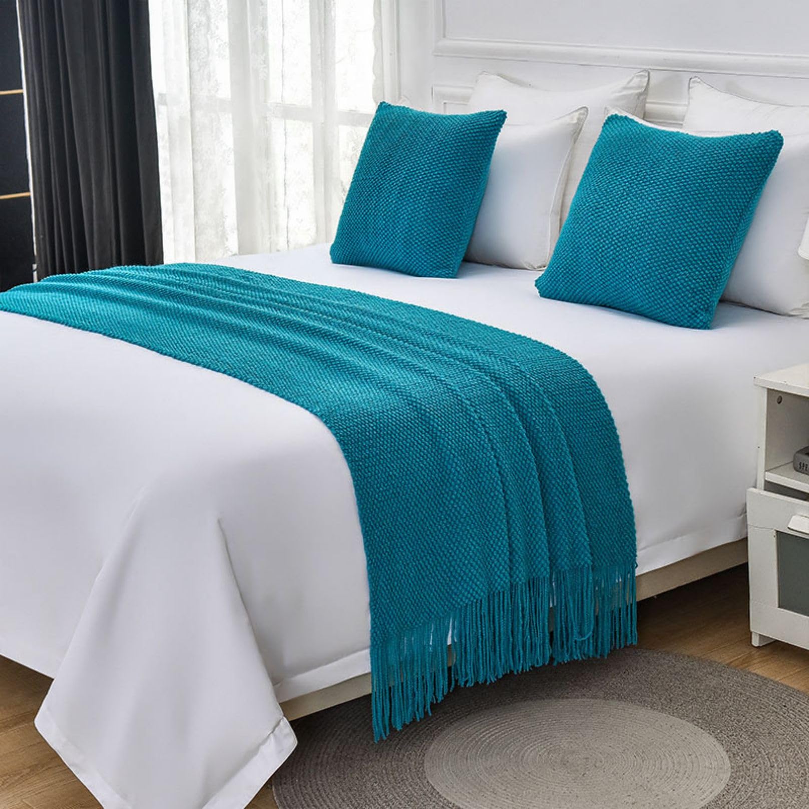 LEEMQCYA Bed Runners & Scarves Blue Bed End Towel for Foot of Bed Throw Blanket Bedroom Bedspread Protection Hotel Bed Scarf for Living Room Wedding Dormitory Decor,Single/Twin — image 1