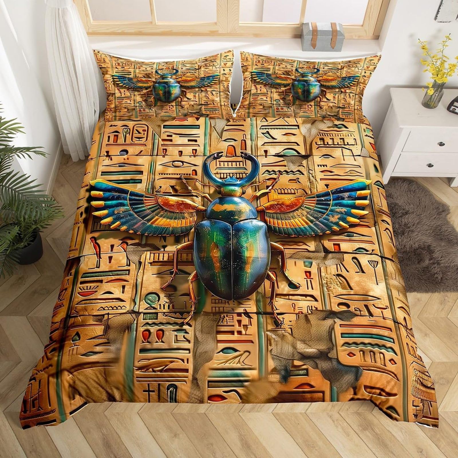 Parure de lit 220x240 anti-glissement microfibre douce motif Égypte Antique