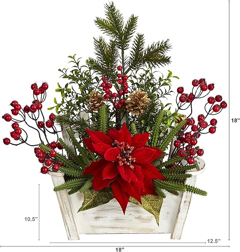 Miniatura 2 de Nearly Natural Arreglo artificial de flor de pascua, suculentas y bayas de 18 pulgadas en maceta de banco