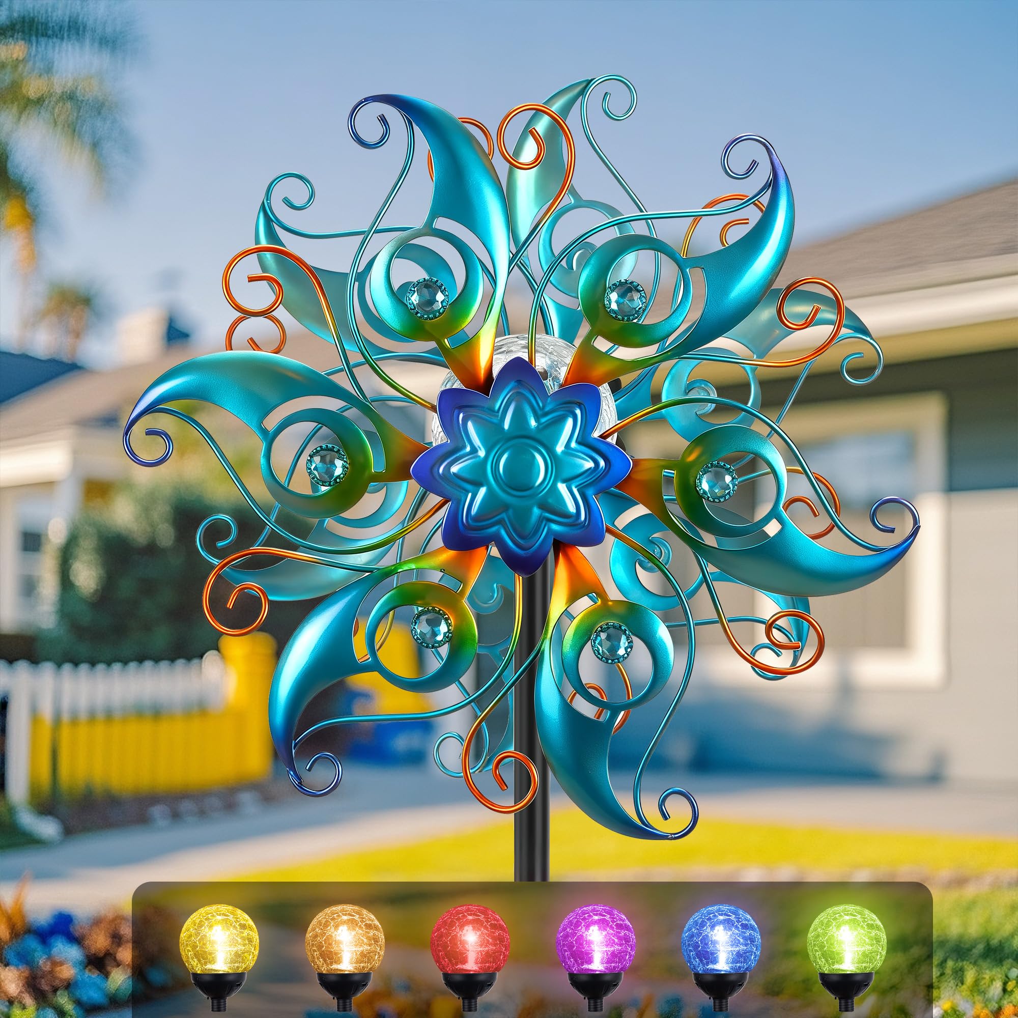 Molinillos de viento solares para exteriores, decoración de jardín, metal cinético de pavo real, escultura de viento impermeable con luz LED multicolor de vidrio agrietado, molino de viento de doble