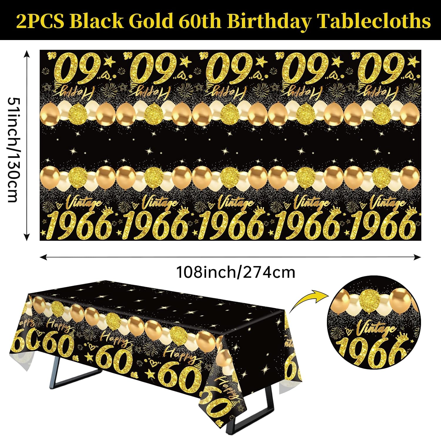 Uiorgui 2pcs 60th Birthday Tablecloth, Black Gold 60th Birthday Decorations for Men Women Vintage 1966 Table Cloth Plastic Rectangular Table Cover Happy 60 Anniversary Party Supplies
