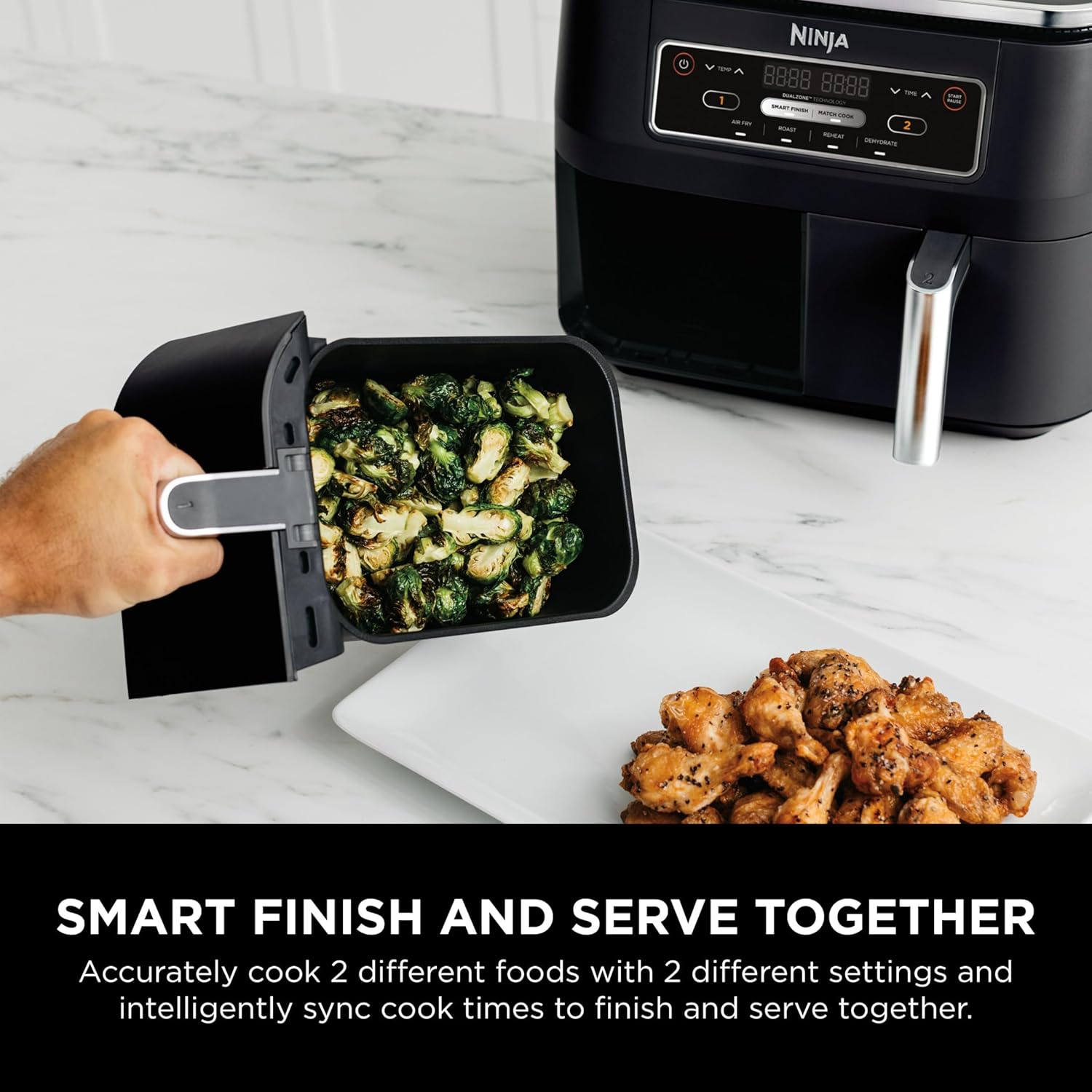 Ninja Foodi DZ100 Smart Finish feature with cooked food