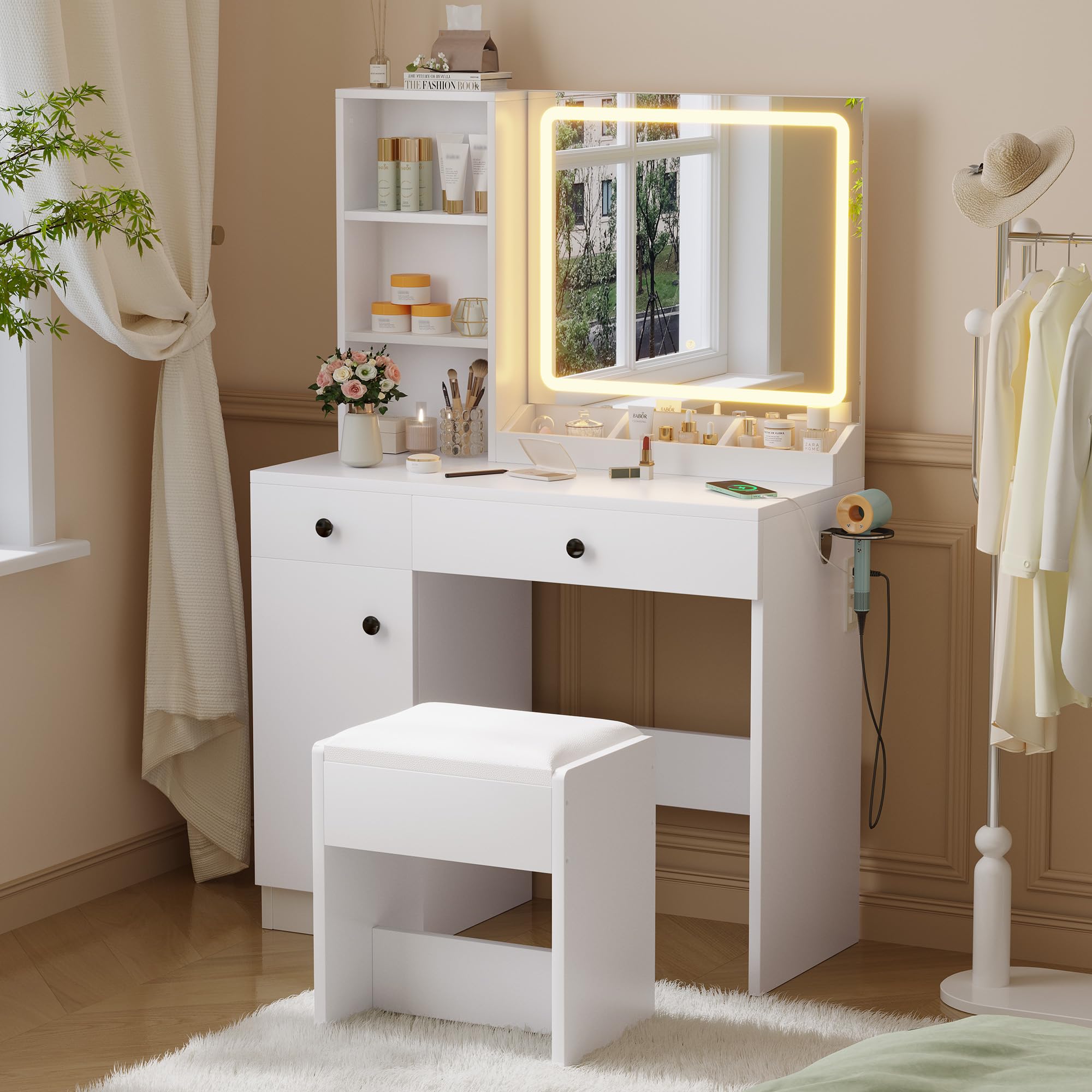 YIKEHOME Makeup Vanity Desk with Mirror and Lights, Vanity Table with Large Drawer, Chair and Shelves, White Dressing Table for Bedroom, 3 Color Modes & Adjustable Brightness