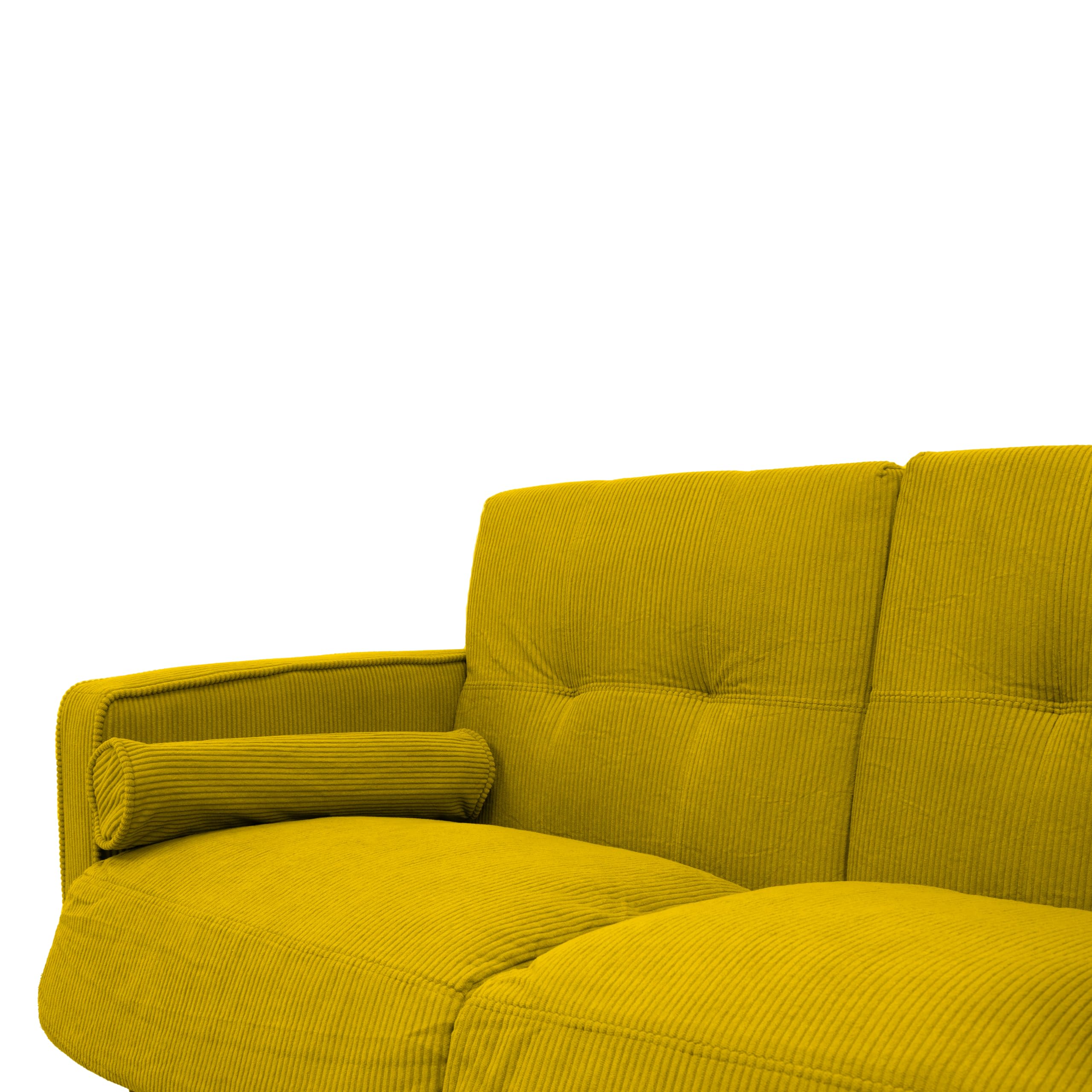 Divano fisso 2 posti Joy in velluto a coste – Struttura in legno, gambe in rubberwood, cuscini sfoderabili + 2 extra cuscini – Tessuto vellutino in poliestere – Colore Giallo Senape