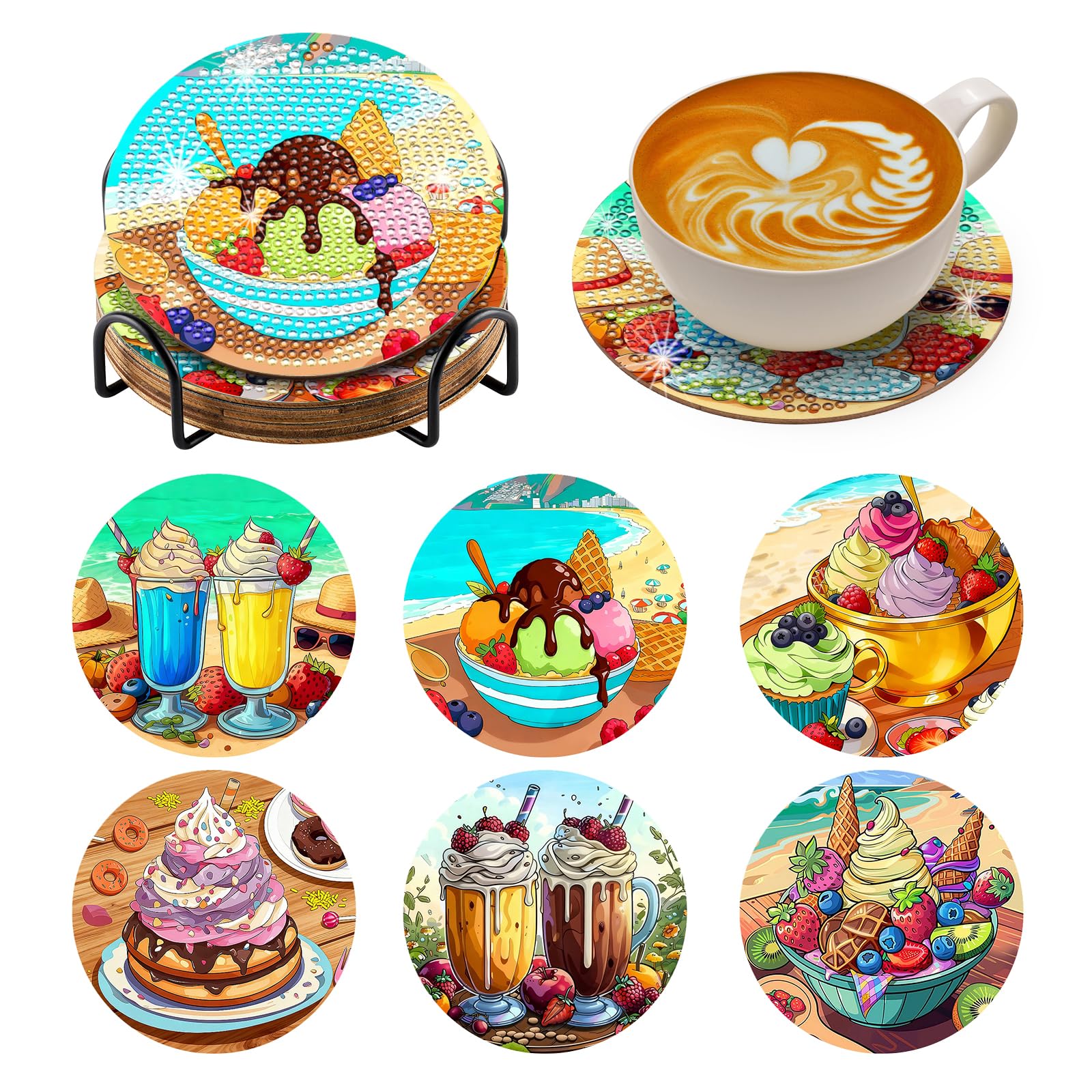 BNG Ice Cream Diamond Paintings Coasters Kits Set with Holder, 6Pcs Afternoon tea Art DIY Crafts Coasters for Adults, Art Painting Kits for Women, Beginners, Diamond Craft Supplies