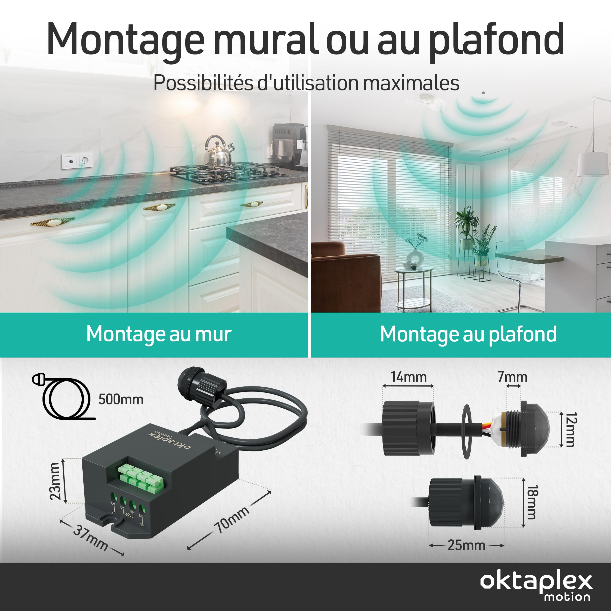 Oktaplex Jana détecteur de mouvement intégré extérieur 360 degrés capteur infrarouge 4m de diamètre IP65 / IP20 capteur de mouvement noir avec câble de 50cm