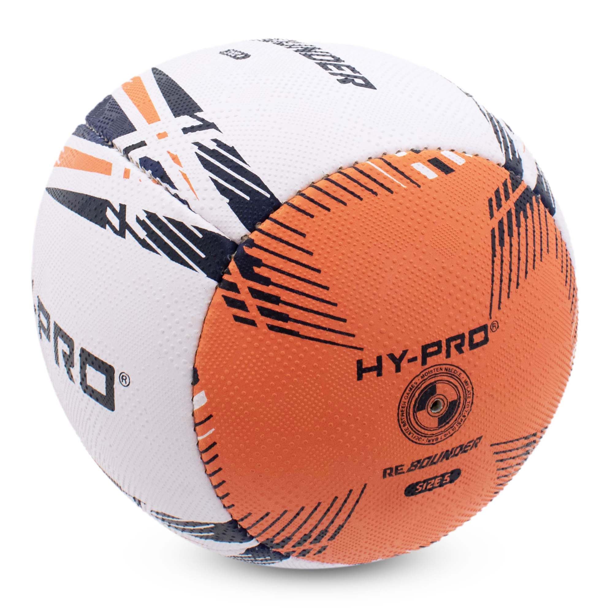 Hy-Pro Rebound Rugby Ball Size 4&5 – Synthetic Rubber, Dual Grain Grip, Hand Stitched, Durable Latex Bladder – Ideal for Passing & Handling Skills Training, White/Blue/Orange
