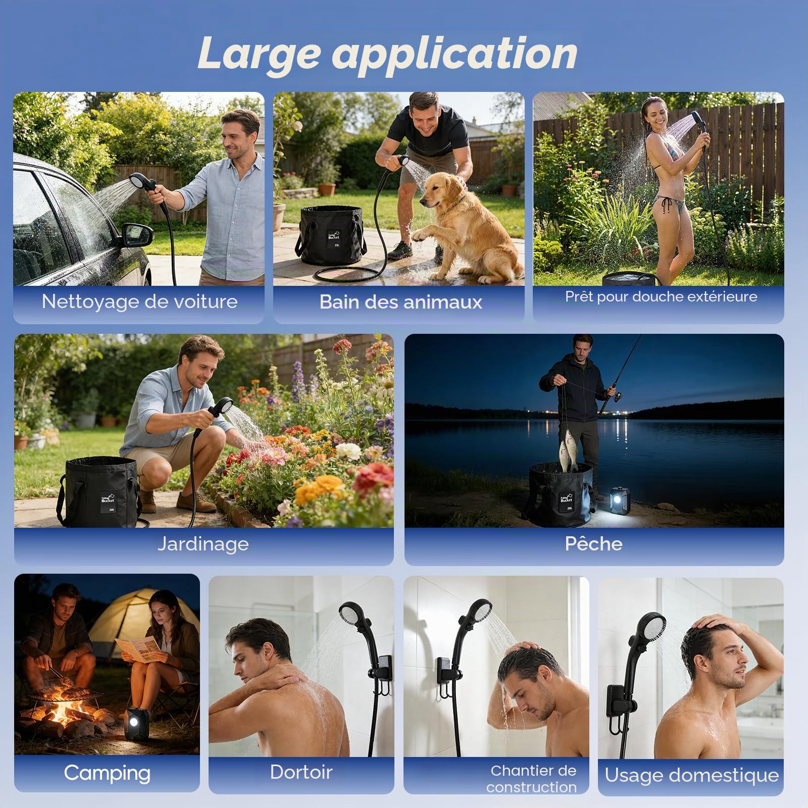 Douche de Camping Portable – 6000mAh Pompe de Douche D'extérieur avec 4 D'éclairage, IPX8, 5 Jets – Kit de Pompe Rechargeable avec Seau Pliable de 20 L pour Plage, Rando, Animaux et Voiture