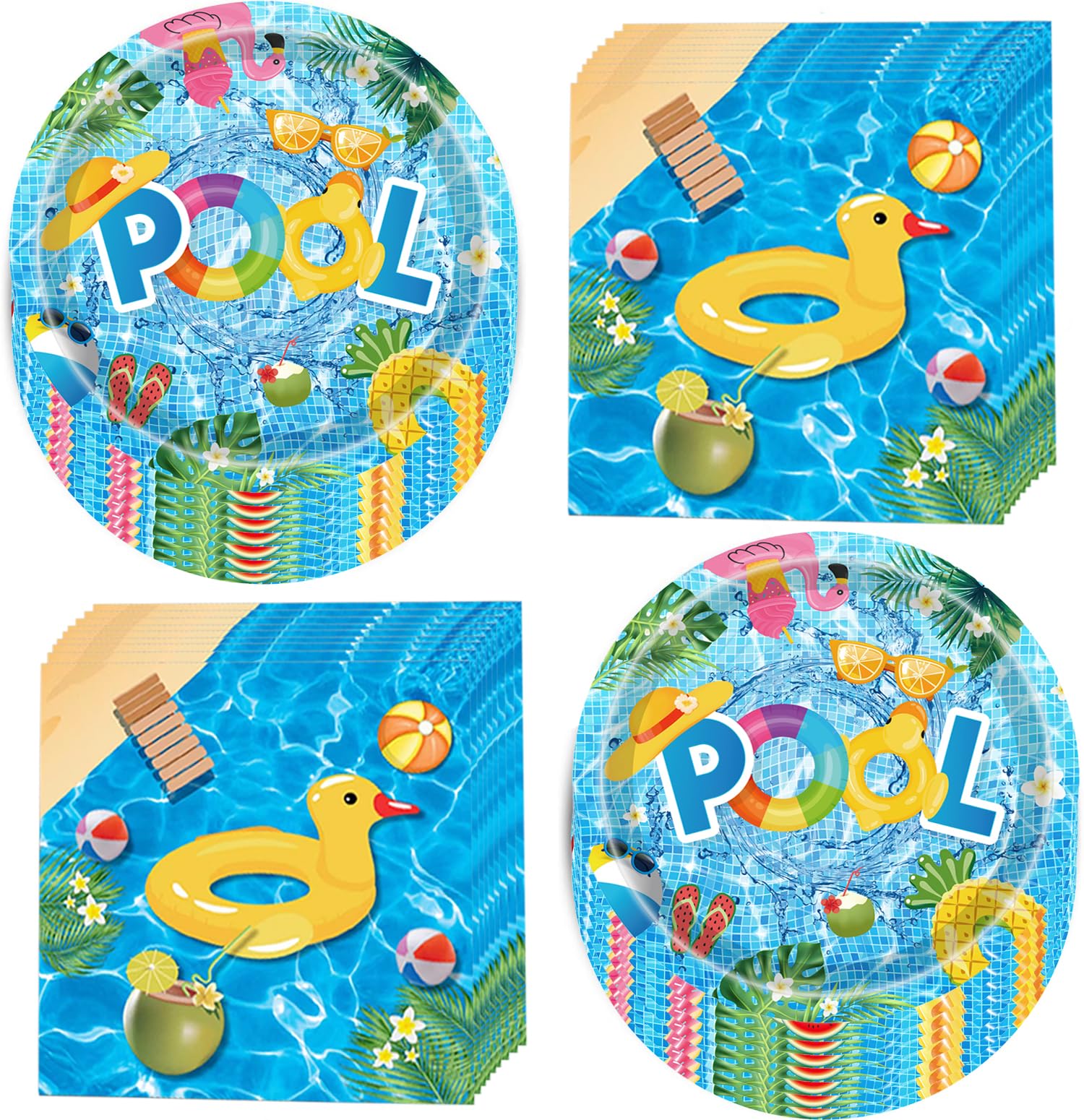 100Pcs Pool Party Supplies Summer Beach Party Set 7"Summer Pool Plates Pool Napkins for Beach Pool Theme luau Beach Summer Pool Birthday Party