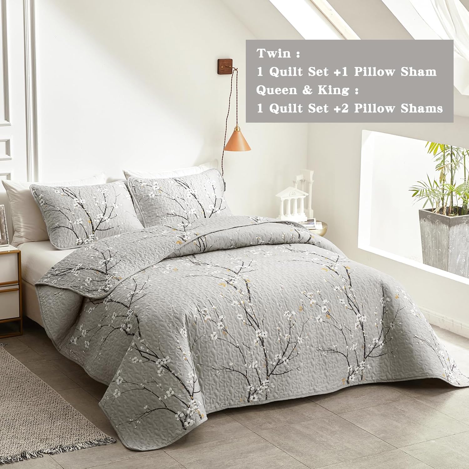 3 Piece Reversible Quilt Set Gray Branch with White Orange Floral King Size 102x88 Soft Microfiber Lightweight Coverlet Bedspread Summer Comforter Set Bed Cover for All Season (1 Quilt+ 2 Shams) - Image 5