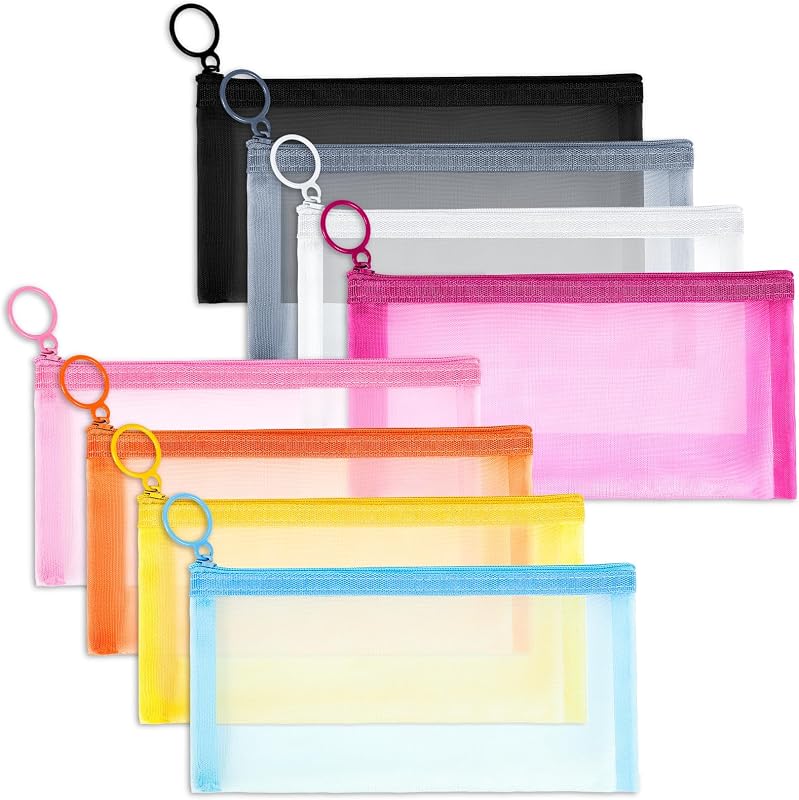 Fassave Necessaires de Malha de Nylon com Zíper, Multicoloridas, Tamanho M, Pacote com 8