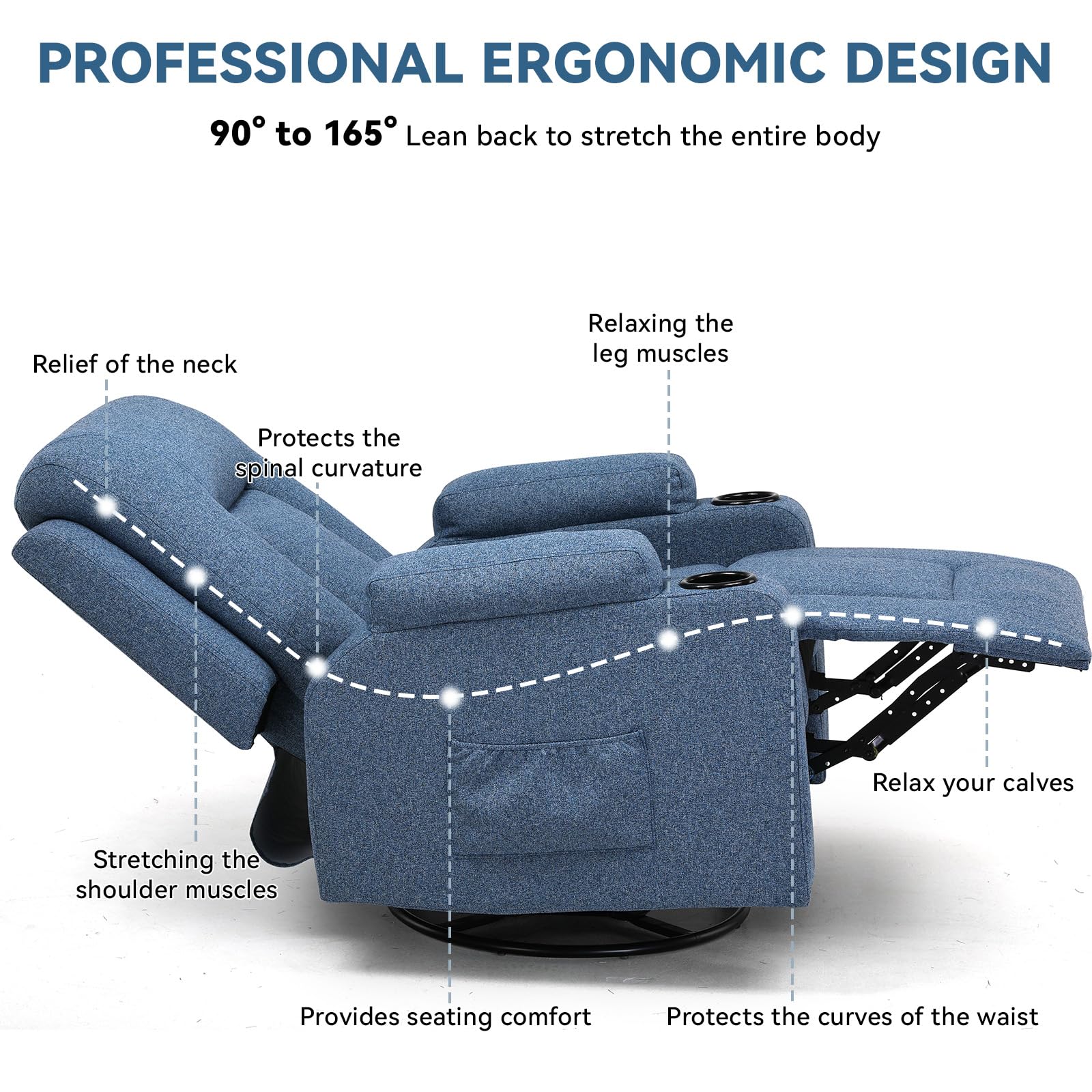 COMHOMA Poltrona Relax TV con Funzione Recliner Schienale Regolabile, Girevole a 360°, 2 Tasche Laterali e Portabicchieri, Blu, Tessuto