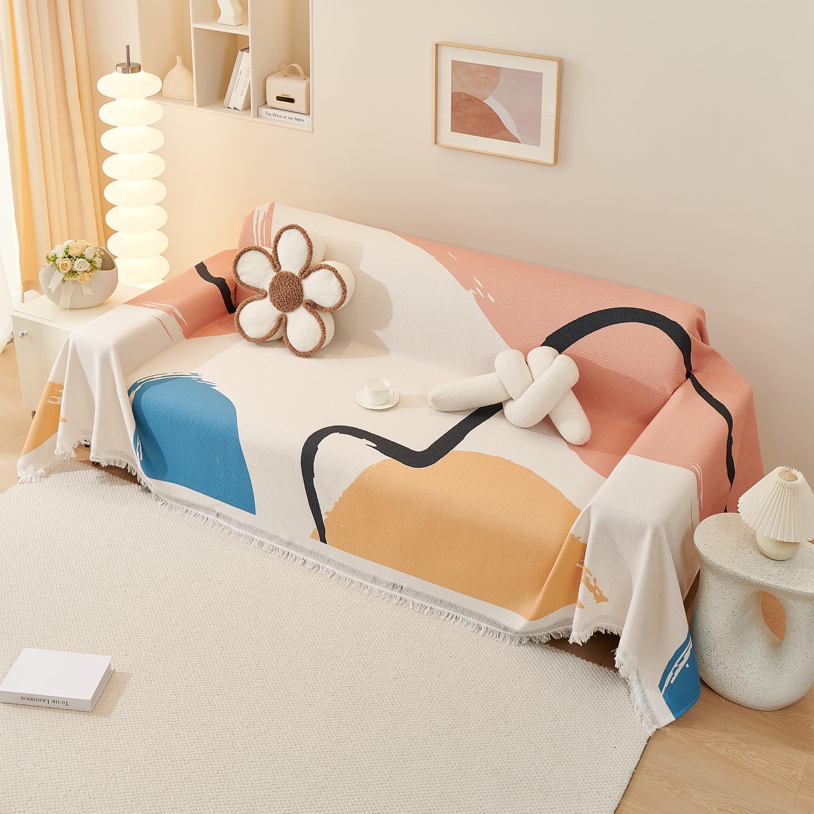 VanderHOME Premium Sofa Throw with Tassels - Waffle Pique Blanket, Breathable, Abrasion Resistant, Crease Resistant, Cat Scratch Resistant, Machine Washable Sofa Blanket 180 * 340cm-Watercolour