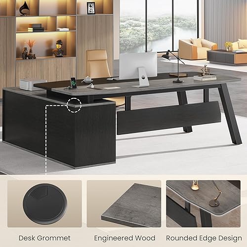 Miniatura 8 de SEDETA Escritorio ejecutivo de 71 pulgadas con archivador, escritorio de oficina grande con cajones y estantes, escritorio para computadora en forma