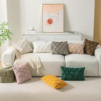 Set of 2 Soft Moroccan Throw Pillow Covers 20x20 Inch Plush Boho Decorative Pillow Cover Accent Cushion Case for Couch Sofa Bed, Beige
