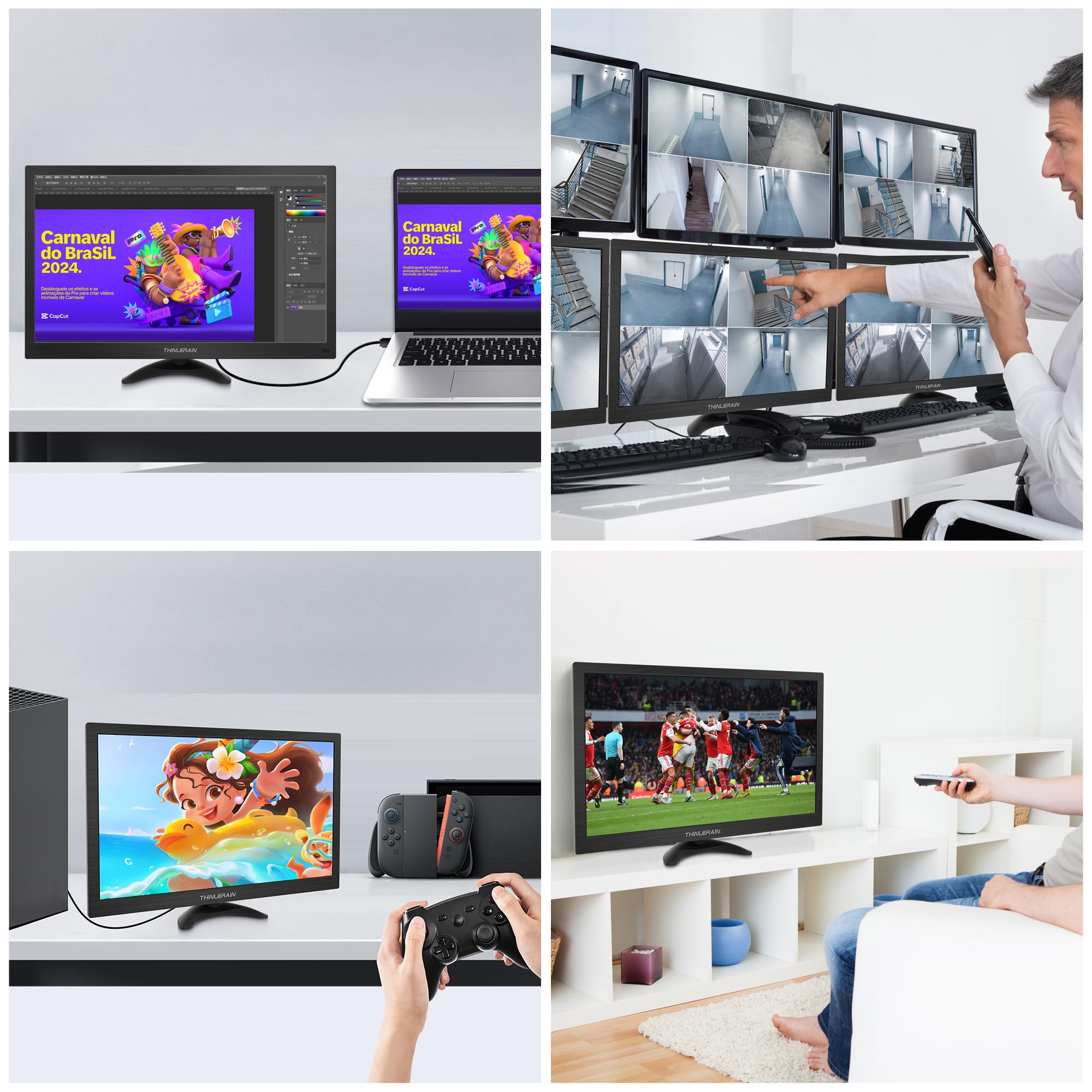 Monitor PC da 15,6 pollici, pannello 1600 × 900 TN, 60 Hz, 5 ms, piccolo monitor da desktop con connettore HDMI/VGA/BNC/AV/USB/AV, due altoparlanti, VESA