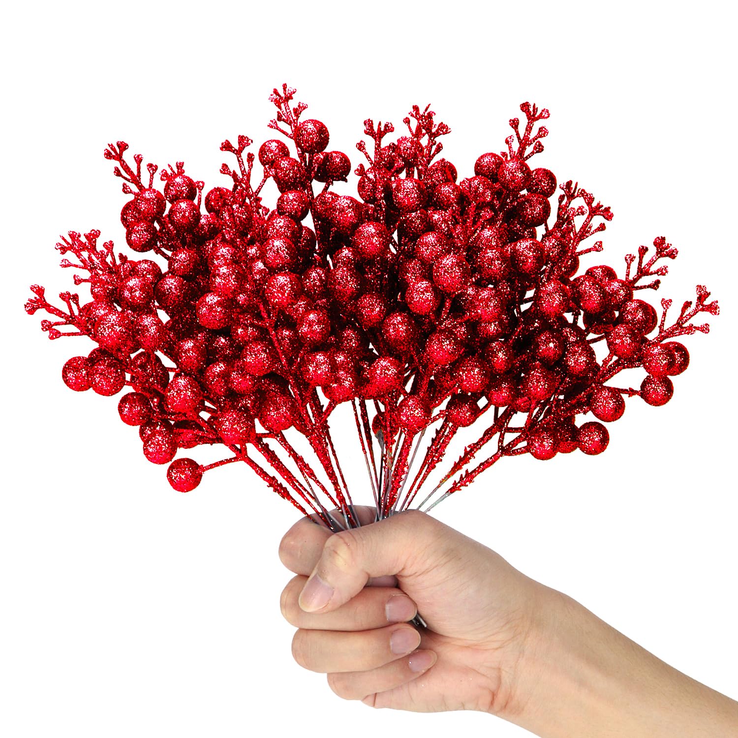 KKSTY Pack of 16 Christmas Glitter Berry Stem
