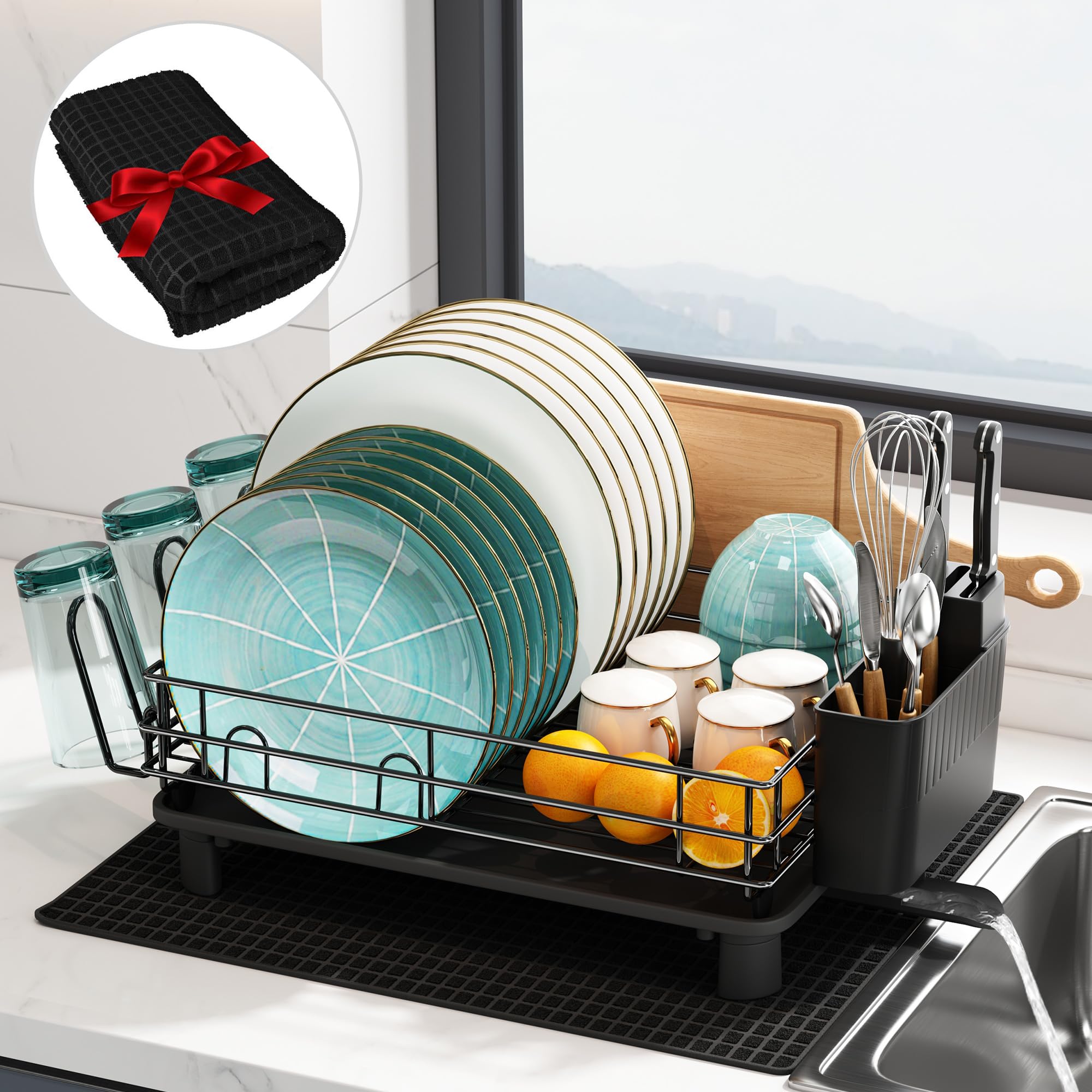MAKA Scolapiatti da Appoggio Nero in Metallo, 65 o 85 cm, 1 o 2 Ripiani con Portabicchieri e Porta Tagliere, Organizer Cucina per Lavello, Elegante e Robusto, Semplice da Montare