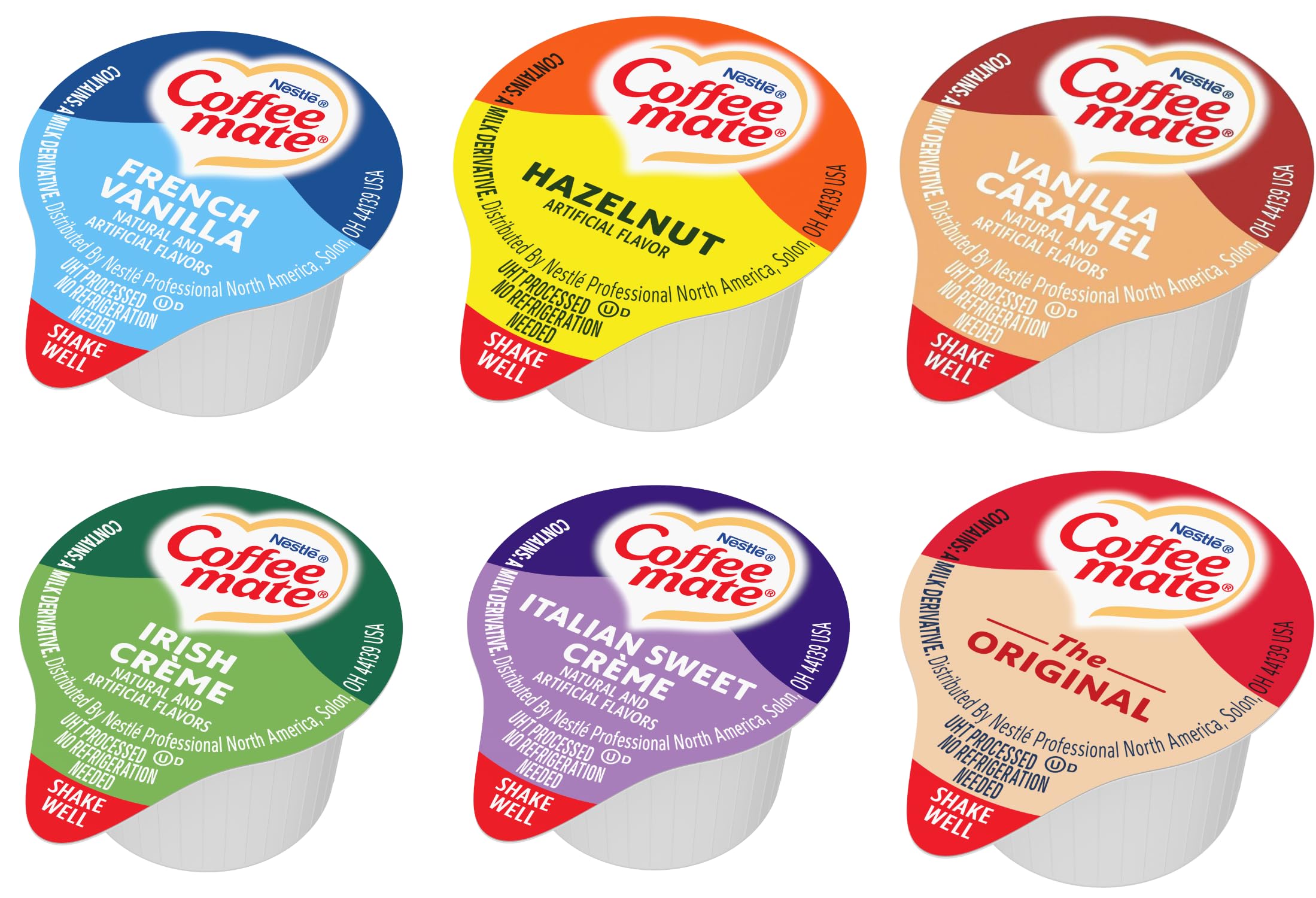 Liquid Creamer Singles Variety Pack, Original, French Vanilla, Hazelnut, Irish Crème, Italian Sweet Crème, Vanilla Caramel, 6 flavors x 30 ct, 180/Box