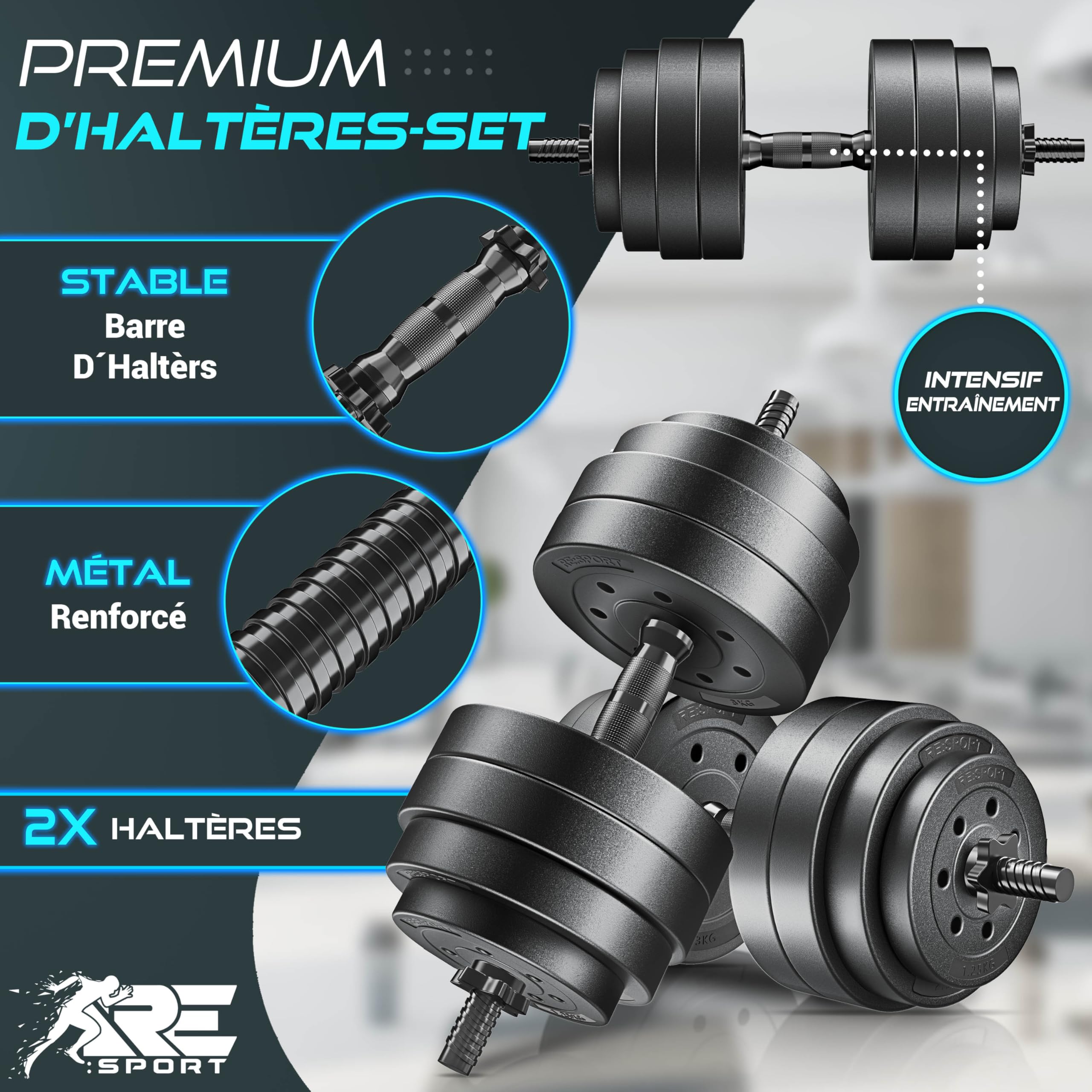 RE:SPORT Lot de 2 haltères réglables 15, 20, 30, 40 kg, avec 2 haltères, avec poids et 4 fermetures en étoile, Kit pour le développement musculaire, l'entraînement et la maison
