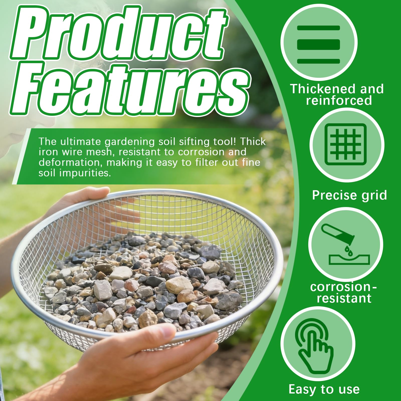 Tamiz De Jardín Para Tierra, 3PCS 30cm Tamiz Redondo Robusto De Acero Inoxidable Tamiz Para Plantar Con Orificios De 3 6 Y 10 mm Para Compost Piedras Tierra Arena Semillas Malas Hierbas Y Grava