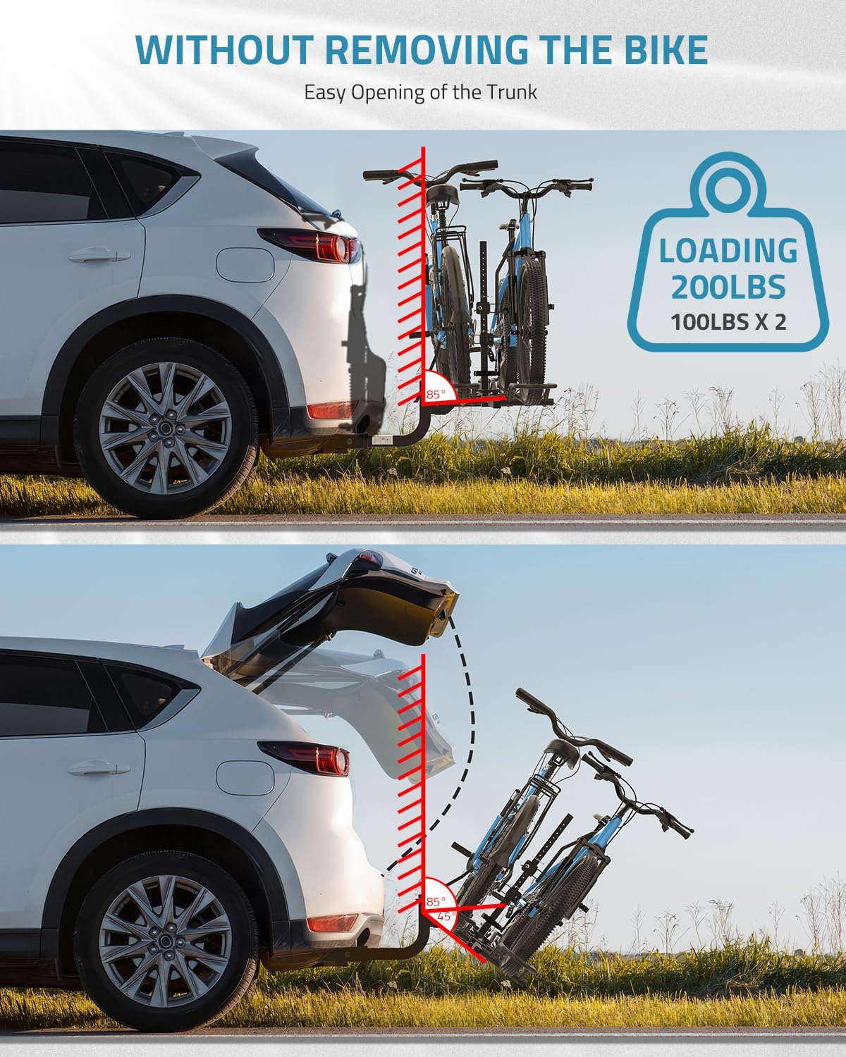 PAULINN Hitch Bike Rack con blocco del gancio, 90,7 kg 2 bici pieghevole auto SUV rack per Ebike, Fat Tire e Standard, 2 "Hitch Receiver