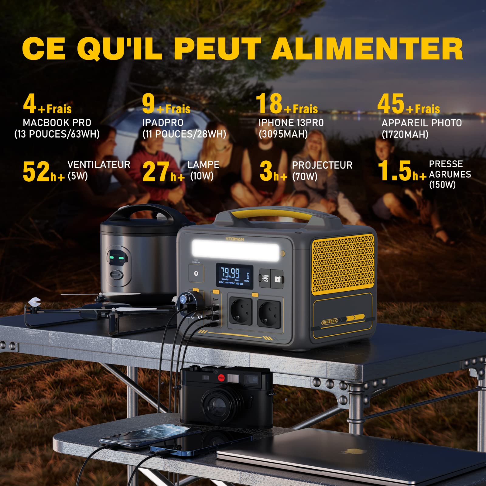 VTOMAN Jump 600X Station électrique Portable avec 110W Panneau Solaire | 600W/299Wh Générateur Solaire LiFePO4 Batterie électrique Générateur, PD 60W Typ-C Sortie/USB QC 3.0 Sortie, pour Camping