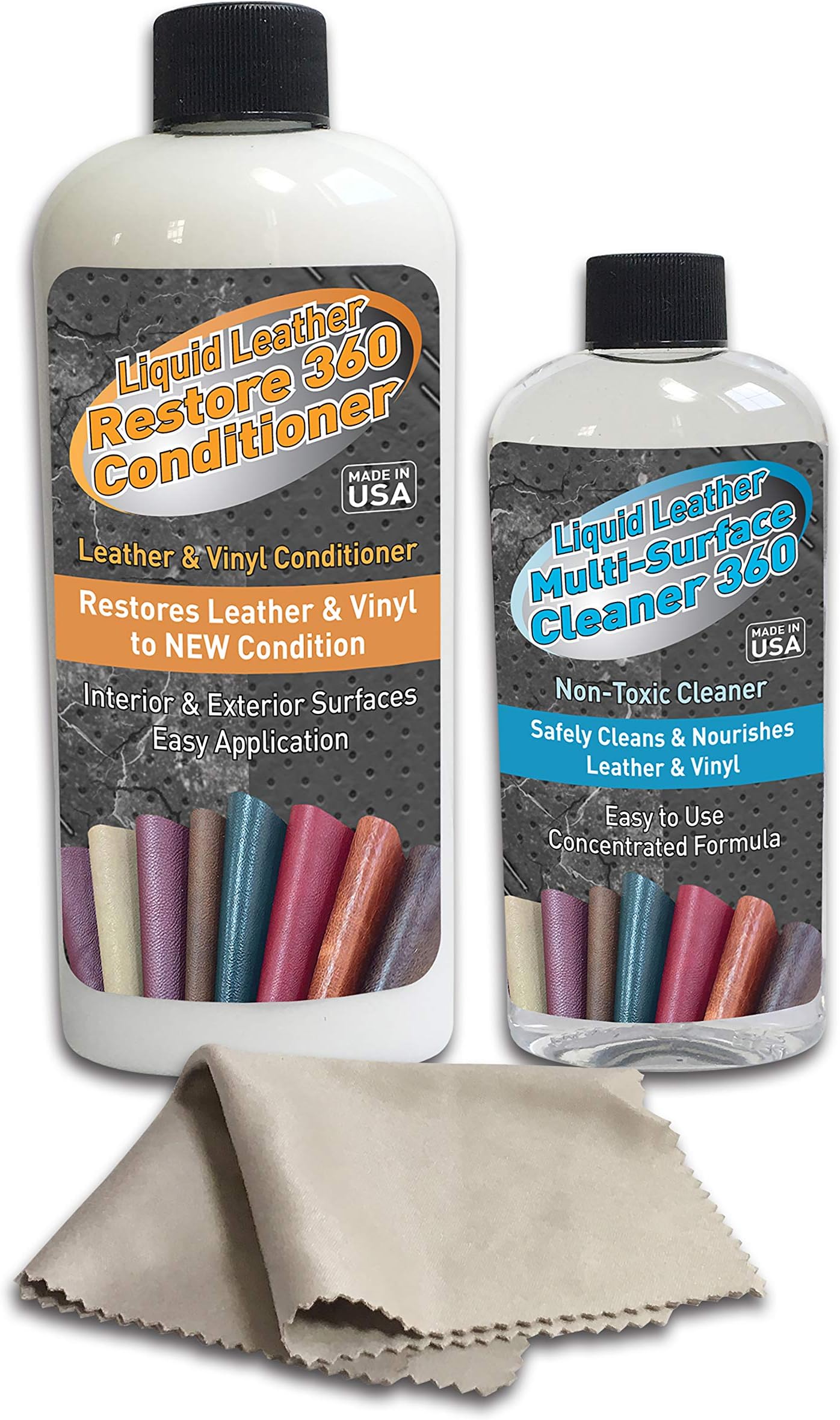 Liquid Leather Cleaner-360 and Restore-360 Conditioner Kit, Natural Moisture Supple Dressing for Leather Care, Auto, Furniture, Shoes, Bags, Accessories, Anything Leather and Vinyl
