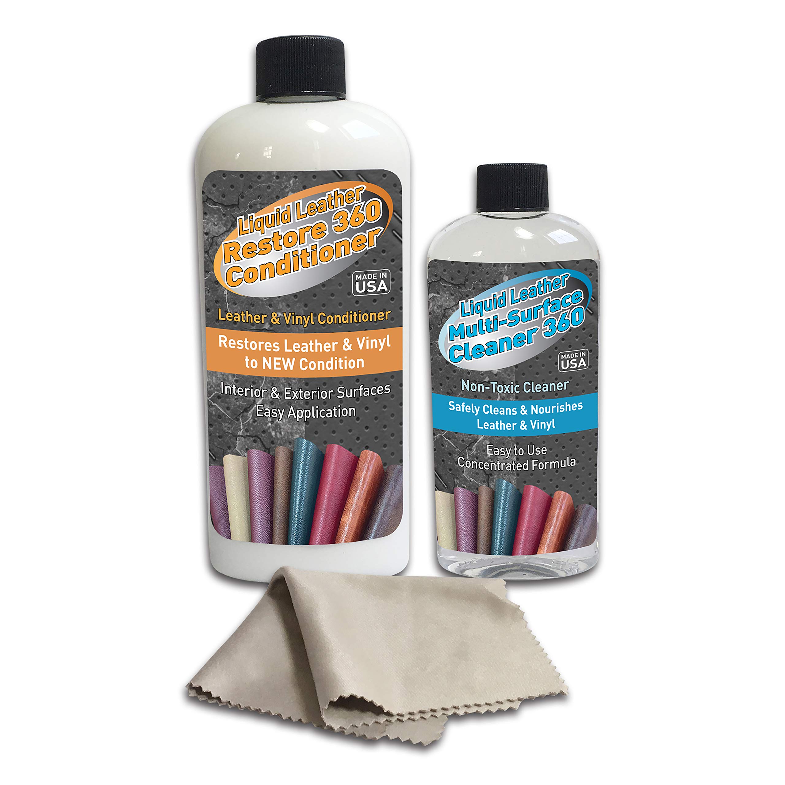 Liquid Leather Cleaner-360 and Restore-360 Conditioner Kit, Natural Moisture Supple Dressing for Leather Care, Auto, Furniture, Shoes, Bags, Accessories, Anything Leather and Vinyl