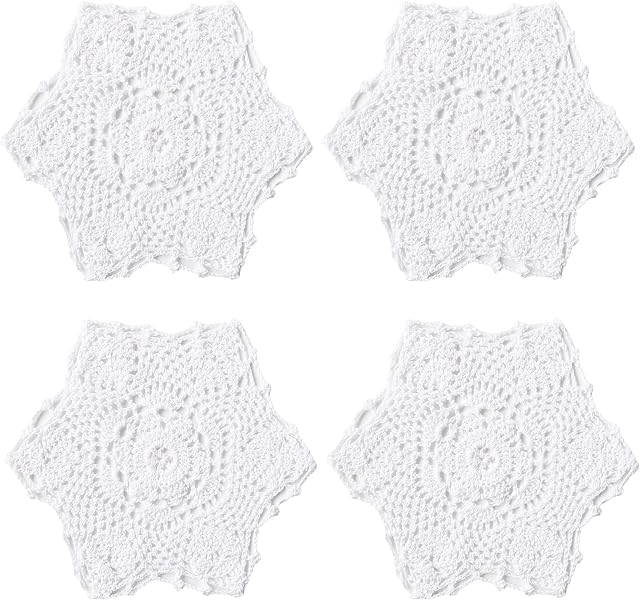 kilofly Crochet Cotton Lace Table Placemats Doilies Vase Pads, 4pc, White, 7 inch