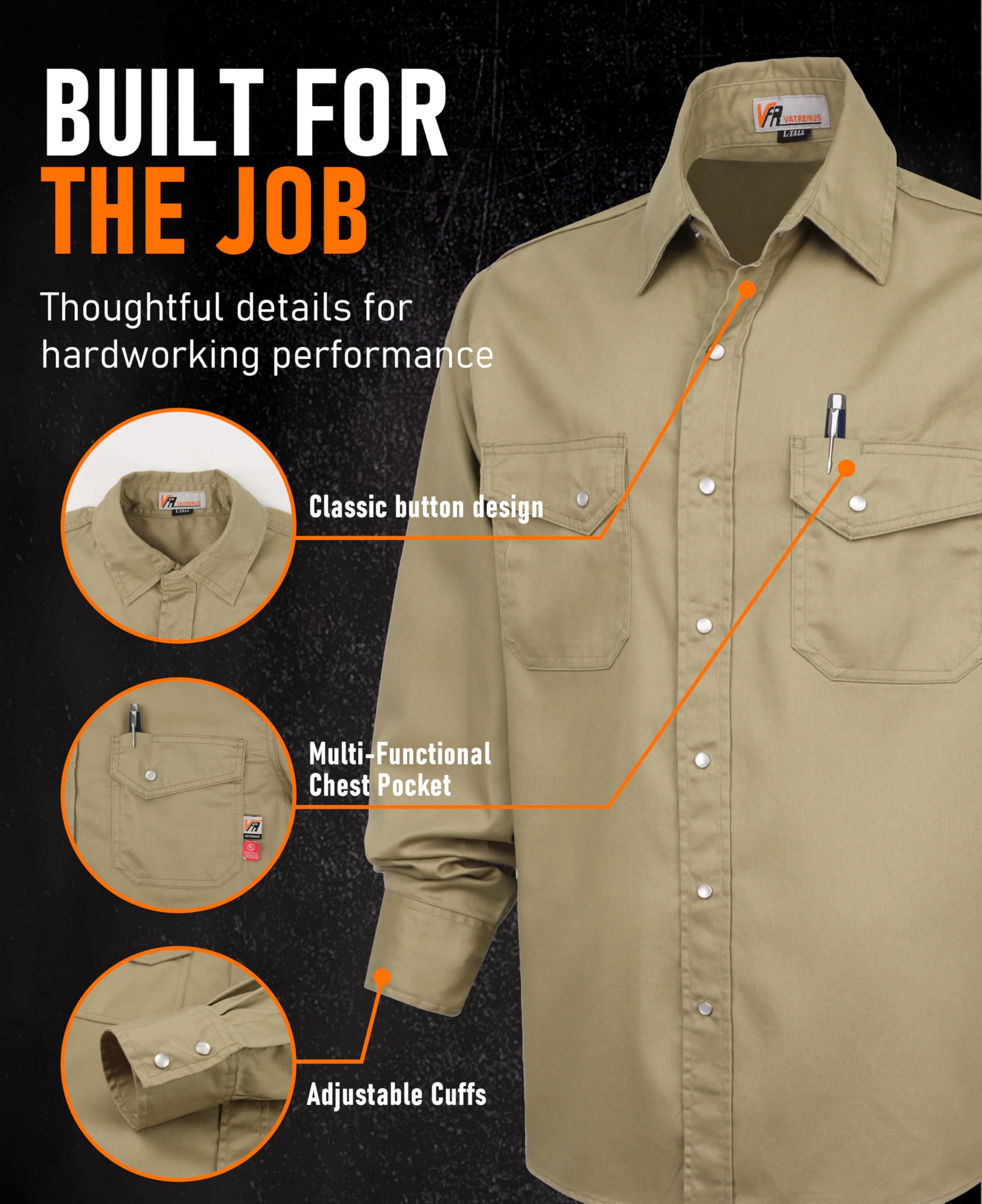 VATRENUS FR Camicie da uomo 6 once Button Down ignifugo 100% cotone camicia da lavoro ignifugo pre-lavata | Camicia comoda leggera resistente alla fiamma|Vestibilità rilassata ASTM F1506 Etichetta UL Tasche doppie prelavate sul petto